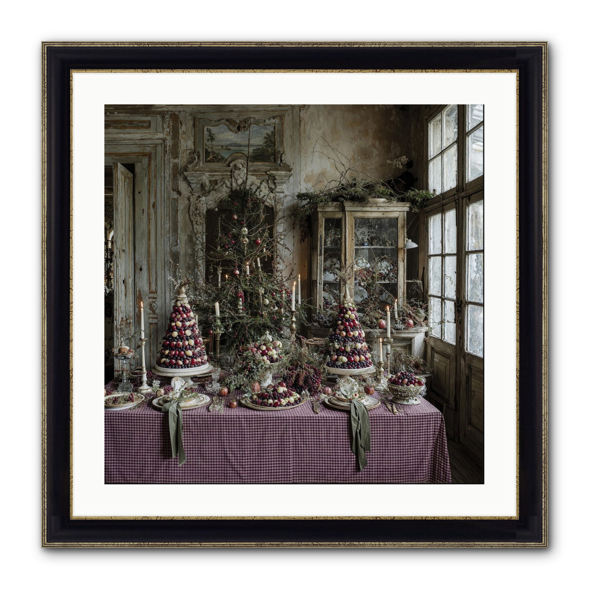 Mistletoe Meadow Cottage Framed Print - Black & Gold 24x24