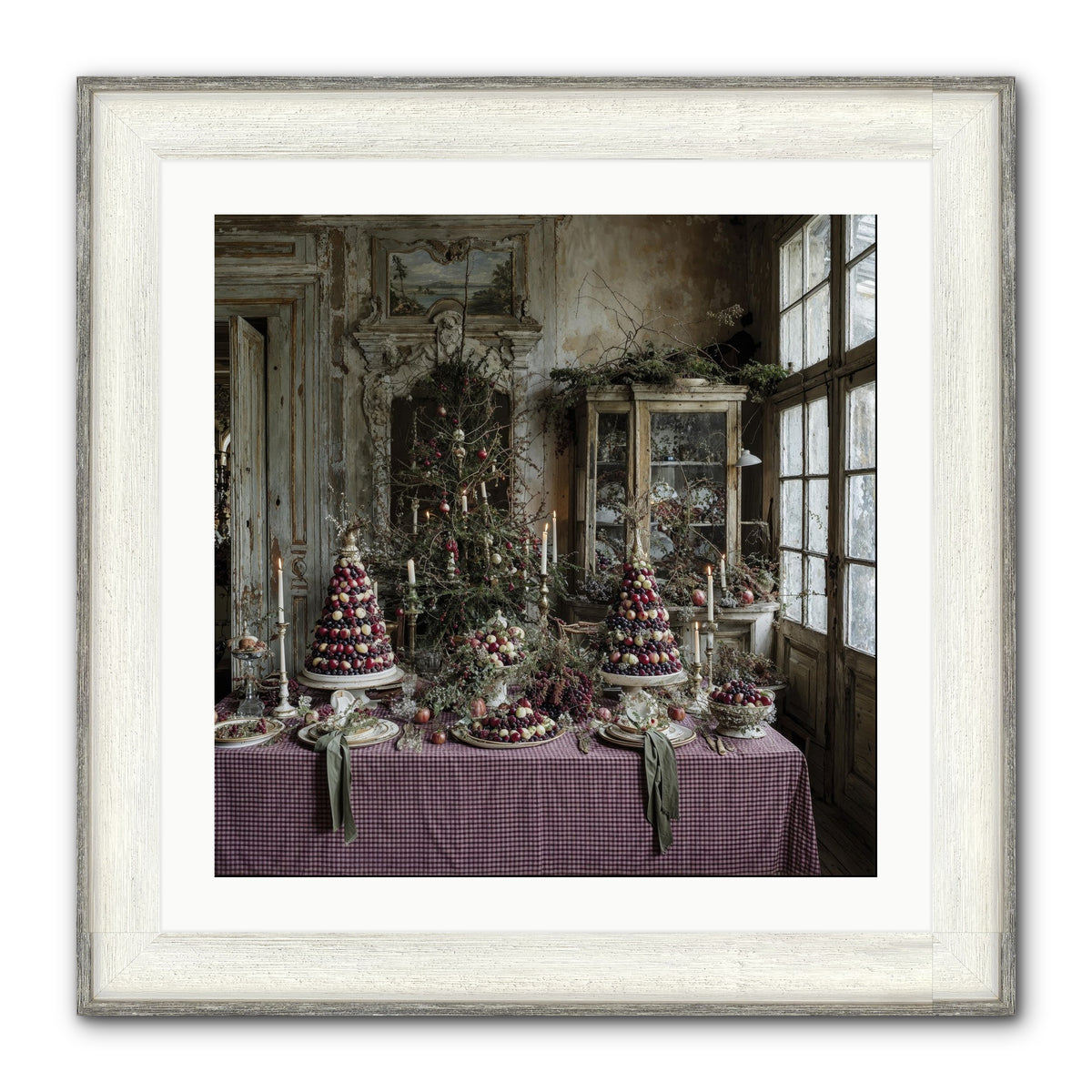 Mistletoe Meadow Cottage Framed Print - Driftwood White 24x24