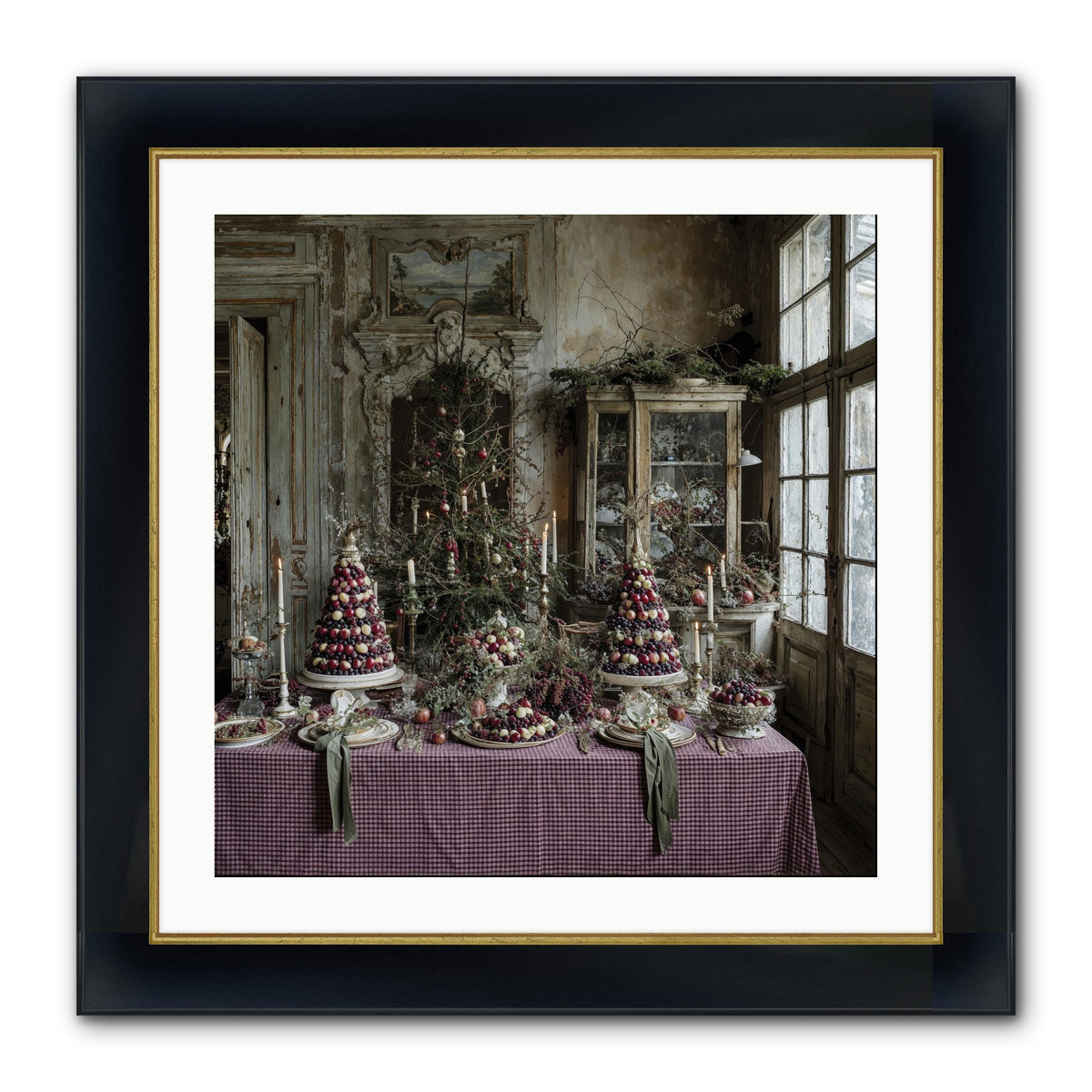 Mistletoe Meadow Cottage Framed Print - Wide Black w/Gold 24x24