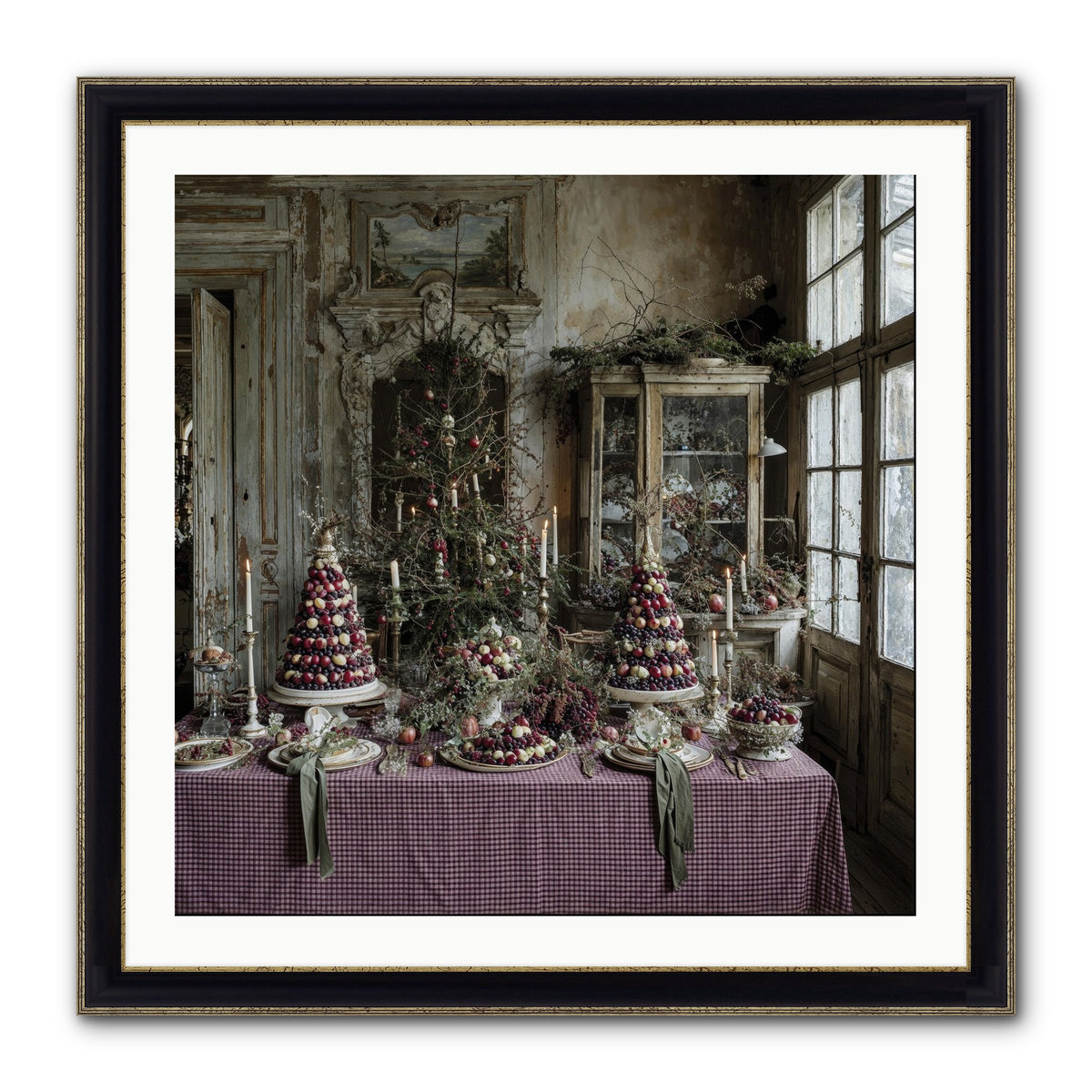 Mistletoe Meadow Cottage Framed Print - Black & Gold 30x30