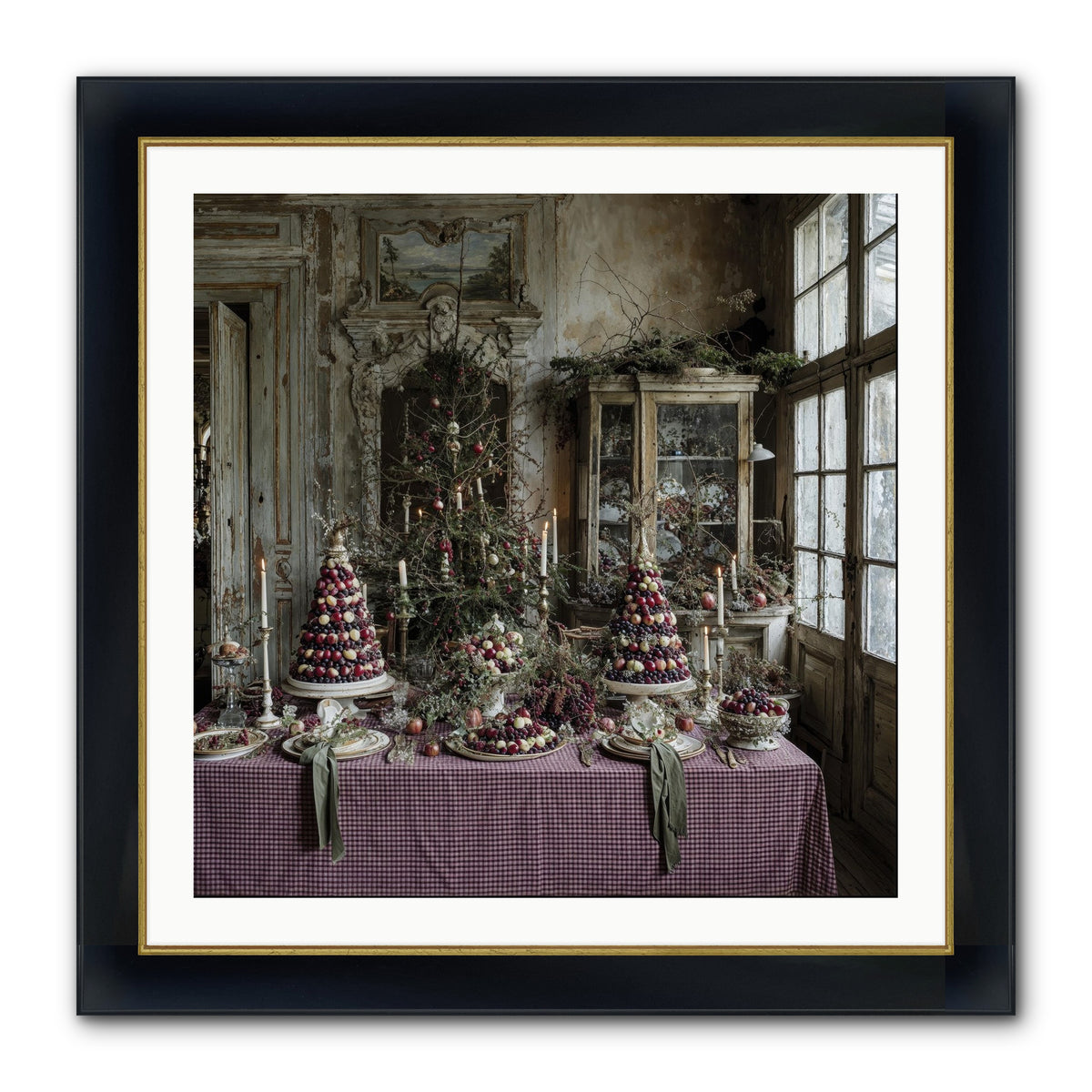 Mistletoe Meadow Cottage Framed Print - Wide Black w/Gold 30x30