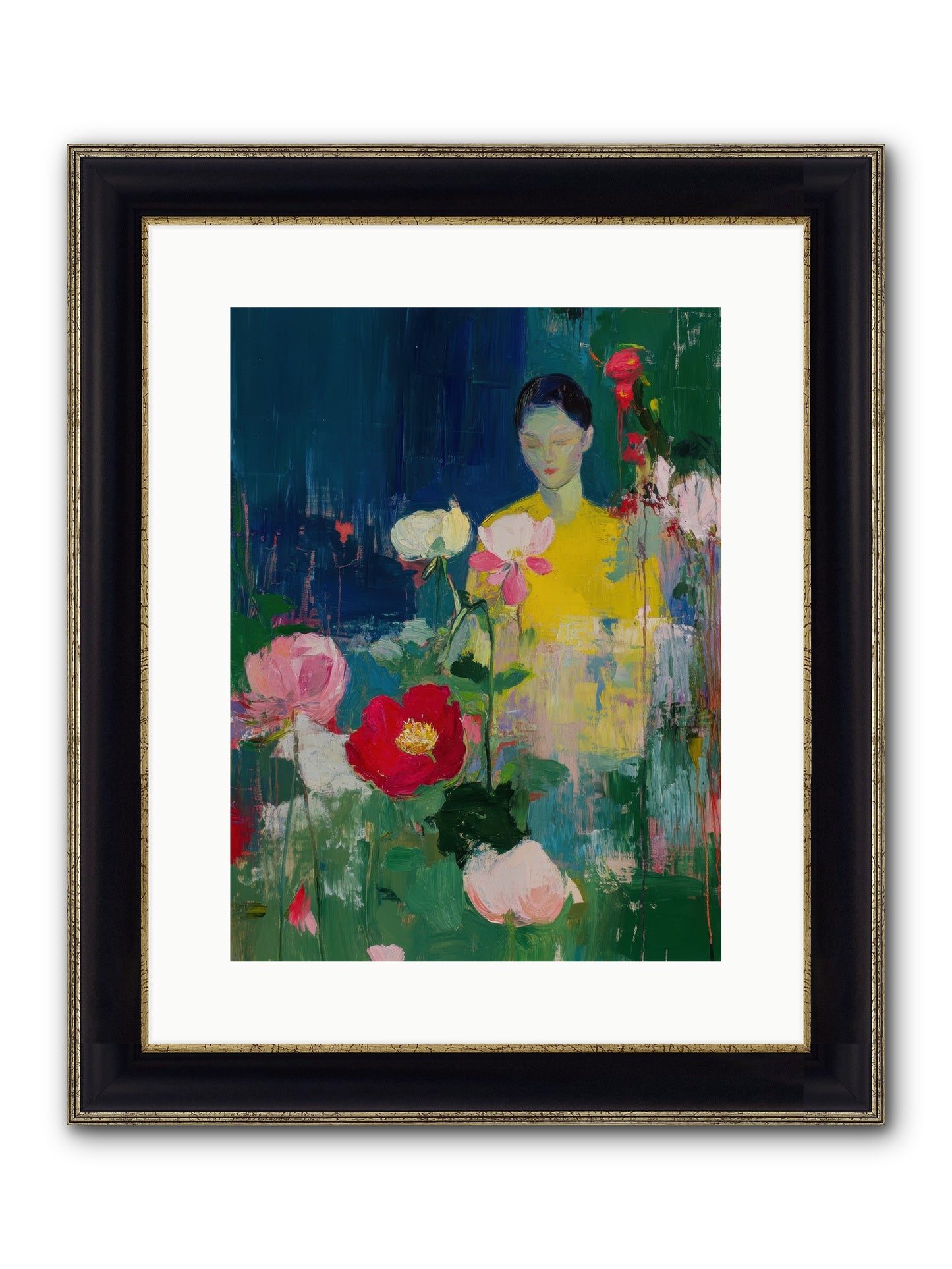 Moonlit Floraison Framed Print - Black & Gold 12x16
