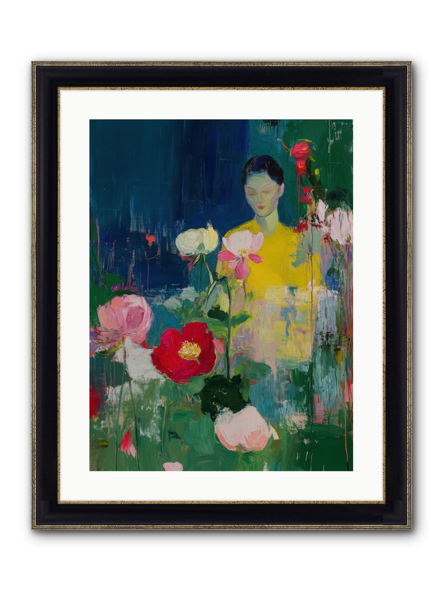 Moonlit Floraison Framed Print - Black & Gold 18x24
