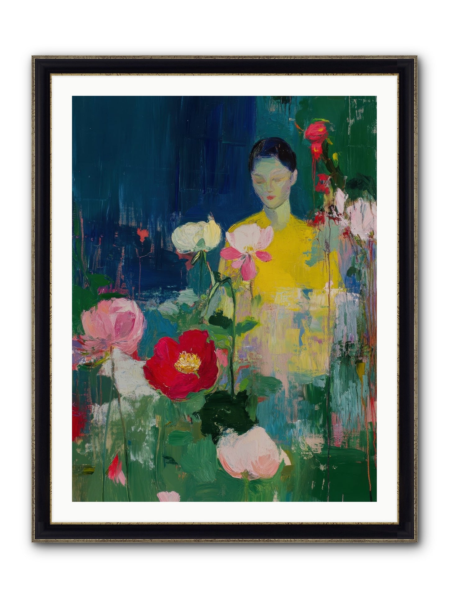 Moonlit Floraison Framed Print - Black & Gold 30x40