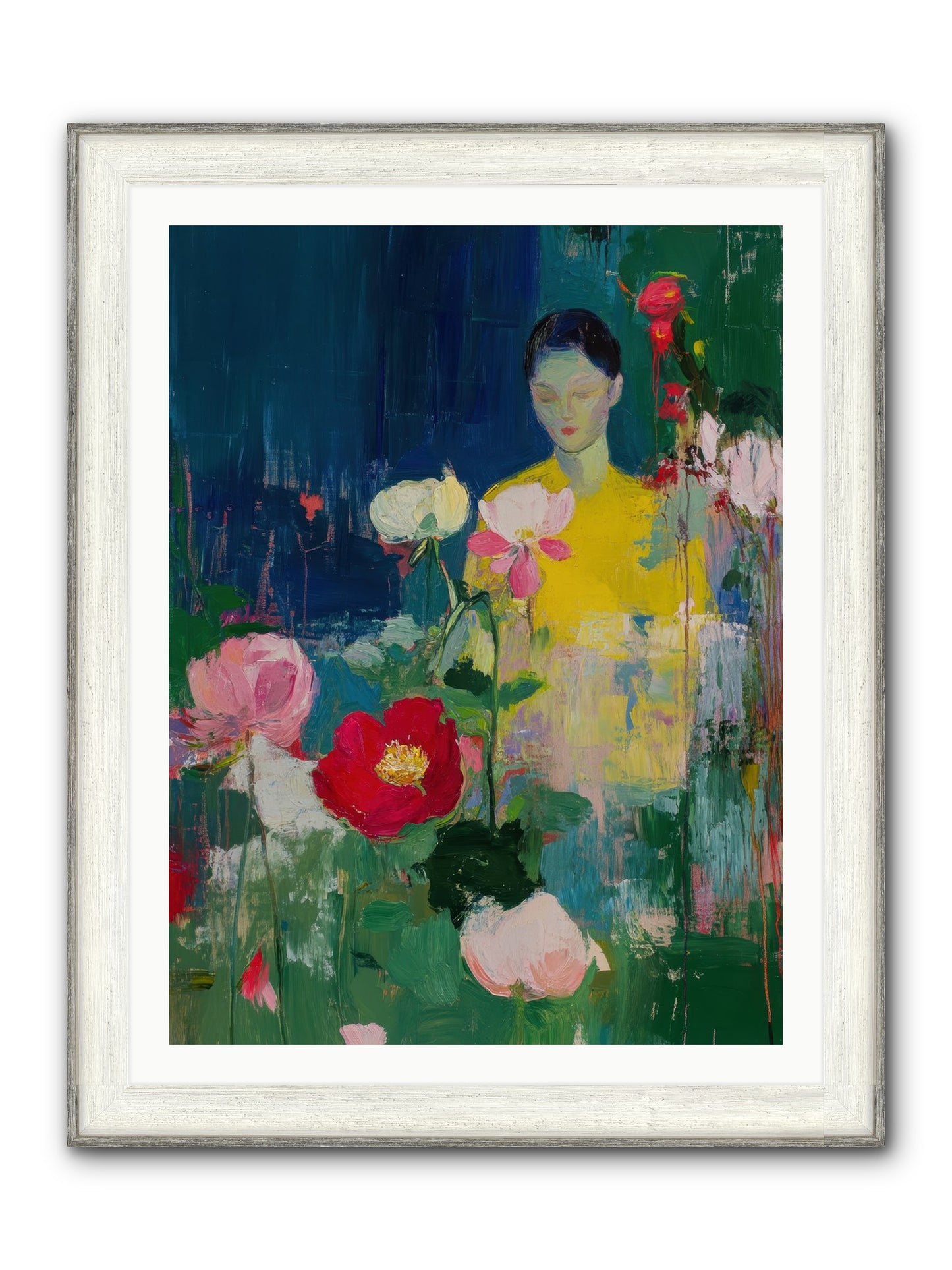 Moonlit Floraison Framed Print - Driftwood White 30x40