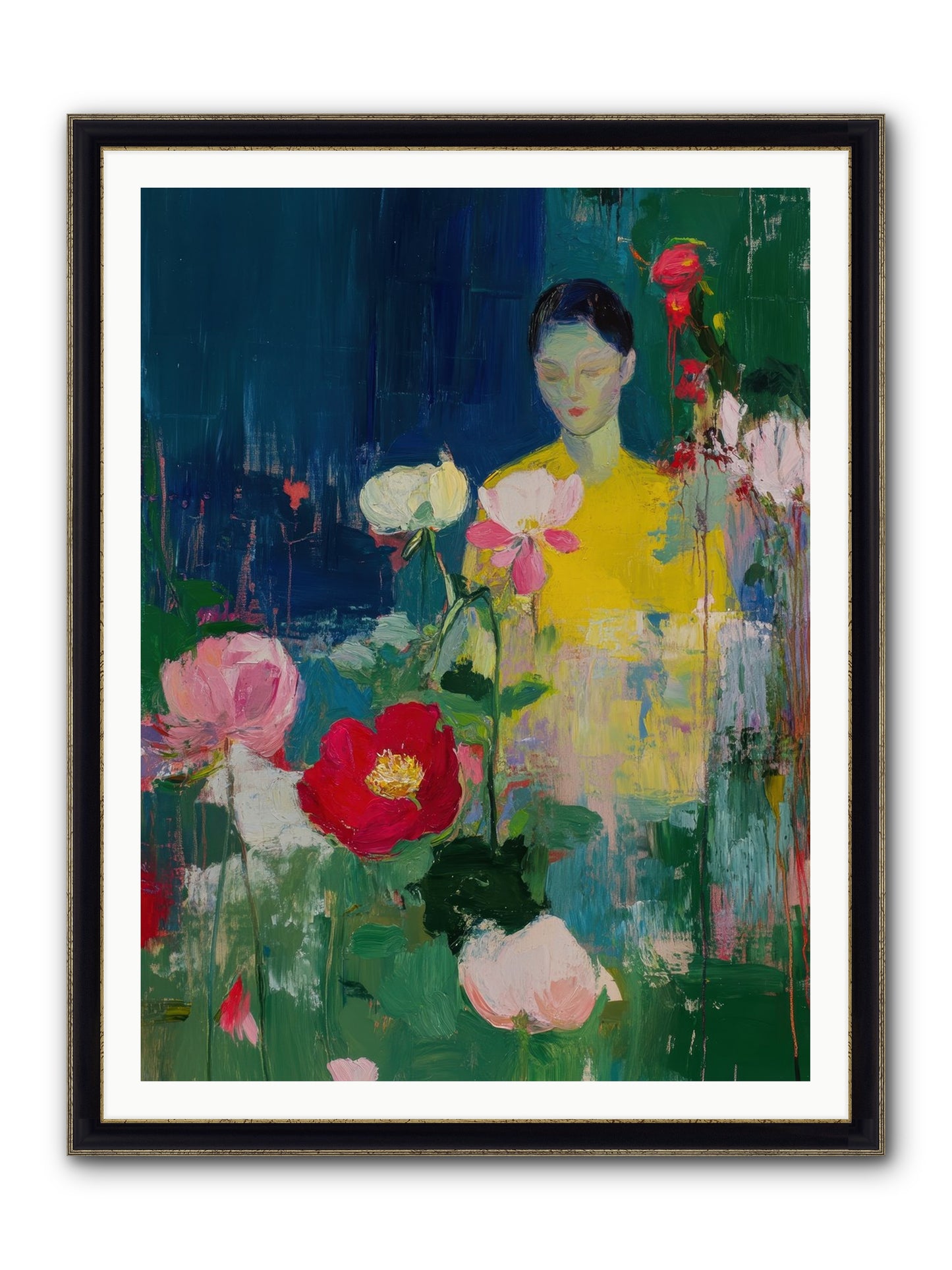 Moonlit Floraison Framed Print - Black & Gold 36x48
