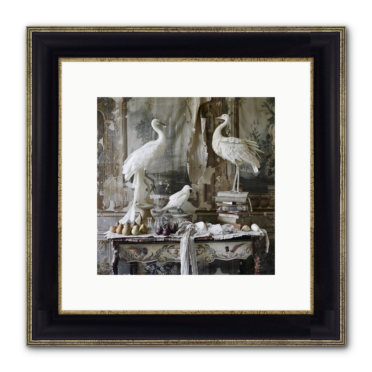 Moonlit Memoirs In The Plumed Chateau Framed Print - Black & Gold 10x10