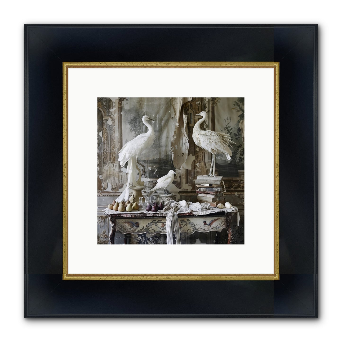 Moonlit Memoirs In The Plumed Chateau Framed Print - Wide Black w/Gold 10x10