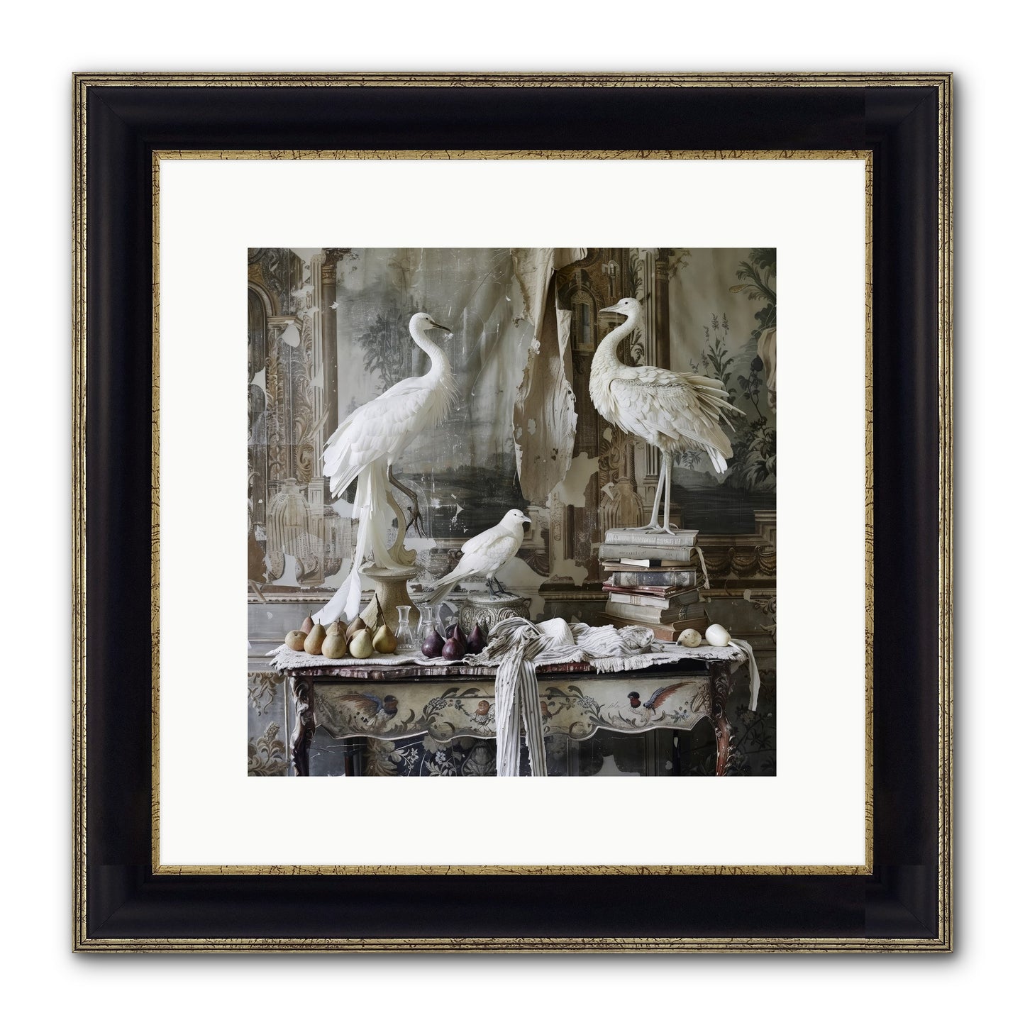 Moonlit Memoirs In The Plumed Chateau Framed Print - Black & Gold 12x12