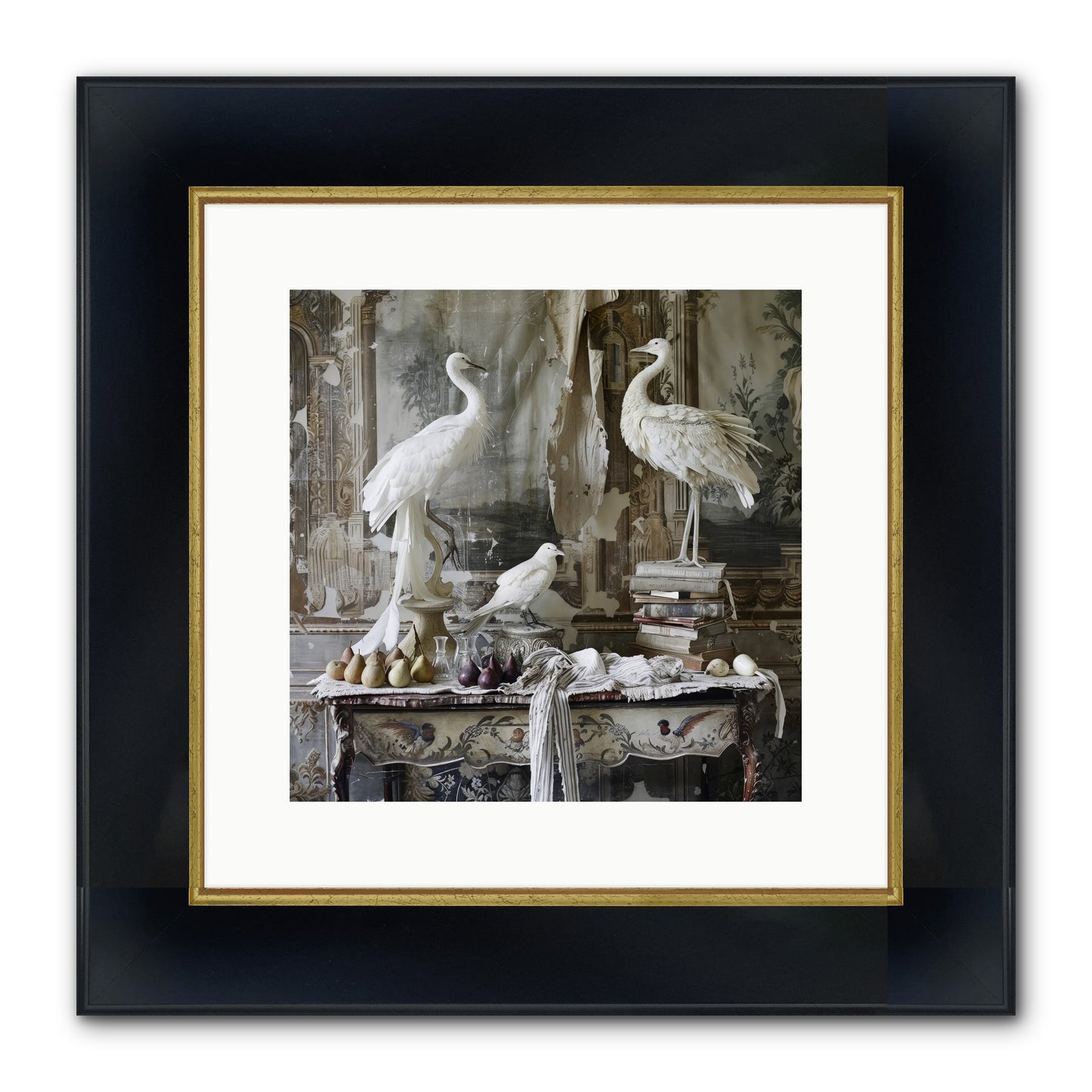 Moonlit Memoirs In The Plumed Chateau Framed Print - Wide Black w/Gold 12x12