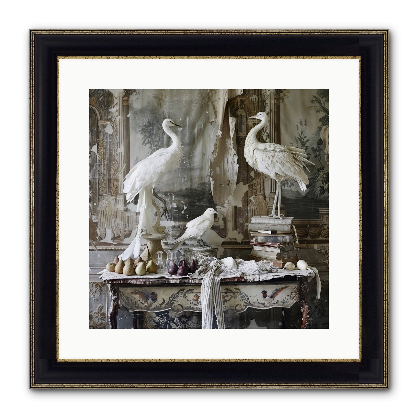 Moonlit Memoirs In The Plumed Chateau Framed Print - Black & Gold 16x16