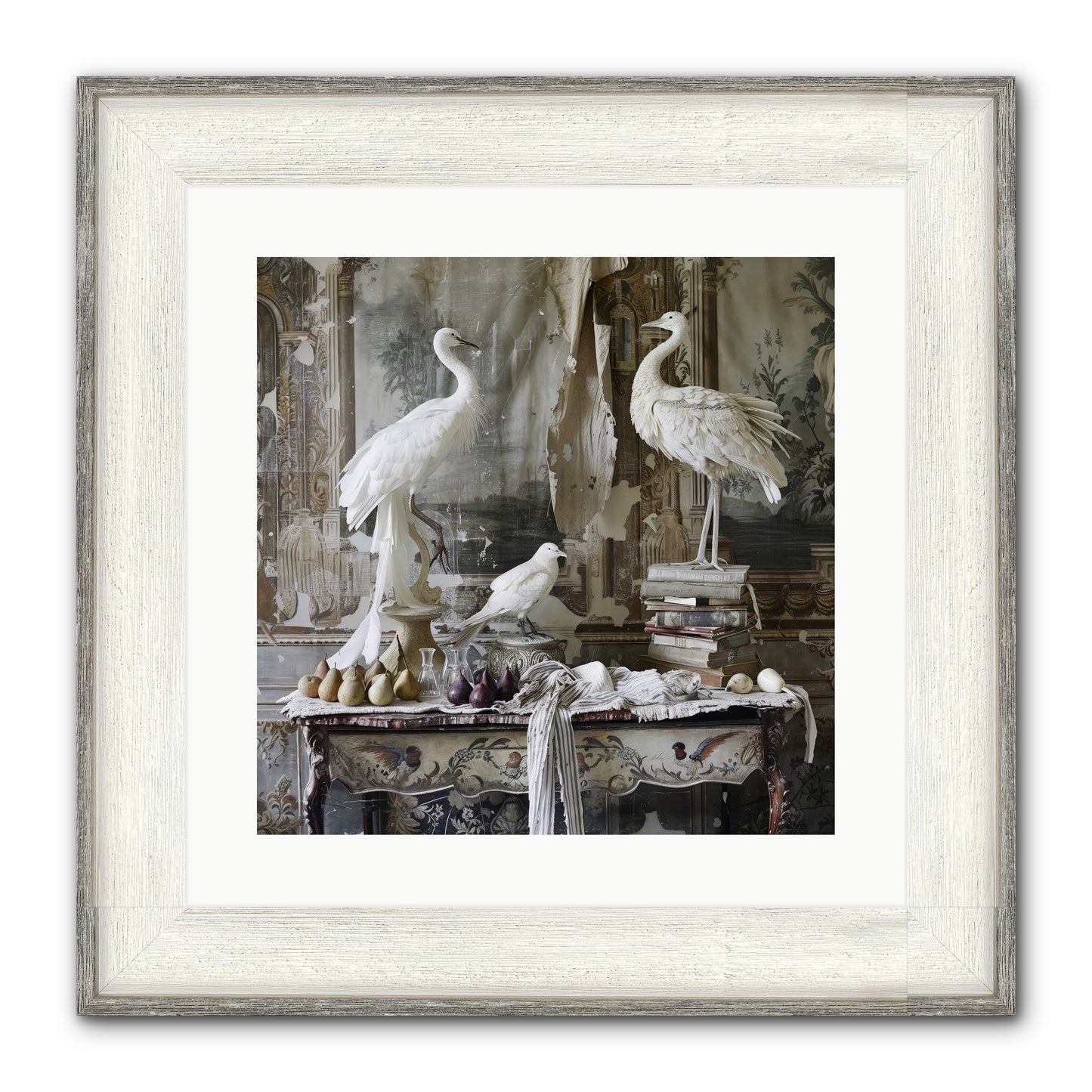 Moonlit Memoirs In The Plumed Chateau Framed Print - Driftwood White 16x16
