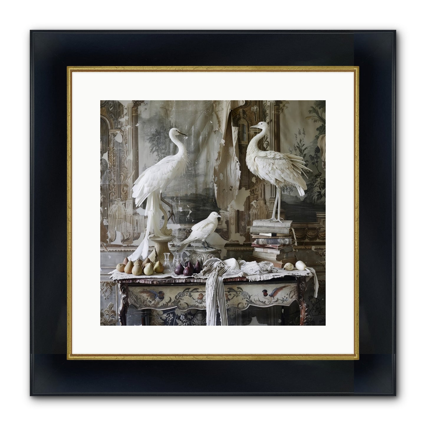 Moonlit Memoirs In The Plumed Chateau Framed Print - Wide Black w/Gold 16x16