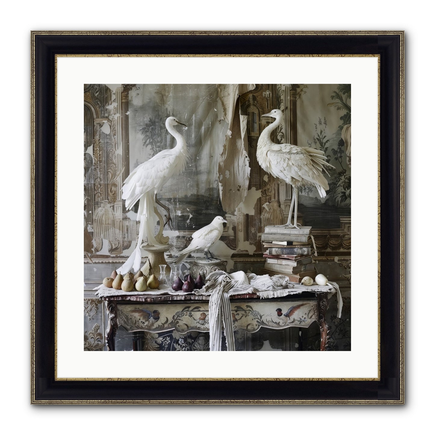 Moonlit Memoirs In The Plumed Chateau Framed Print - Black & Gold 20x20