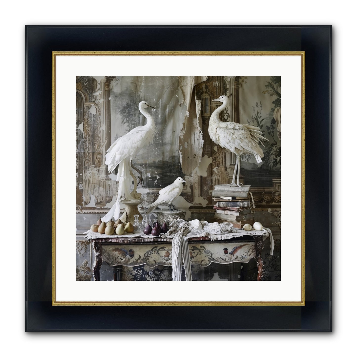 Moonlit Memoirs In The Plumed Chateau Framed Print - Wide Black w/Gold 20x20
