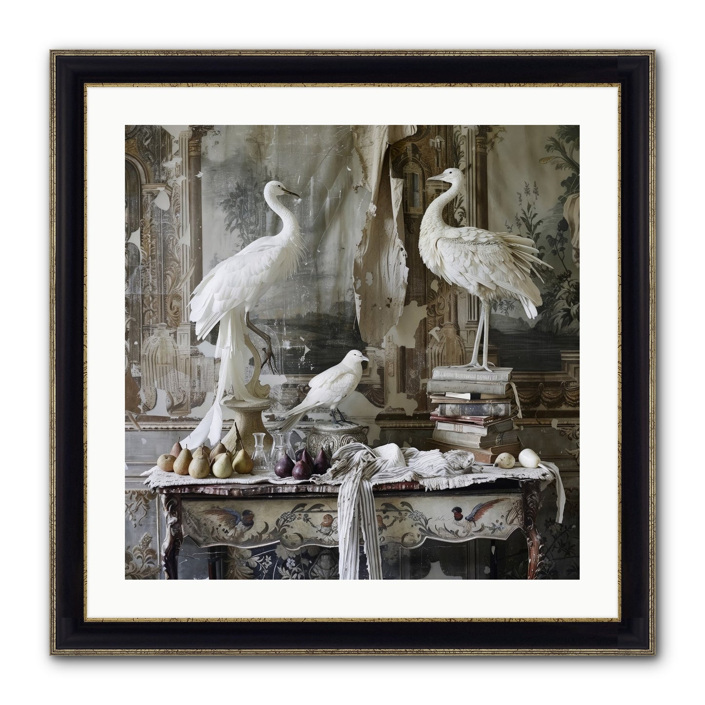 Moonlit Memoirs In The Plumed Chateau Framed Print - Black & Gold 24x24