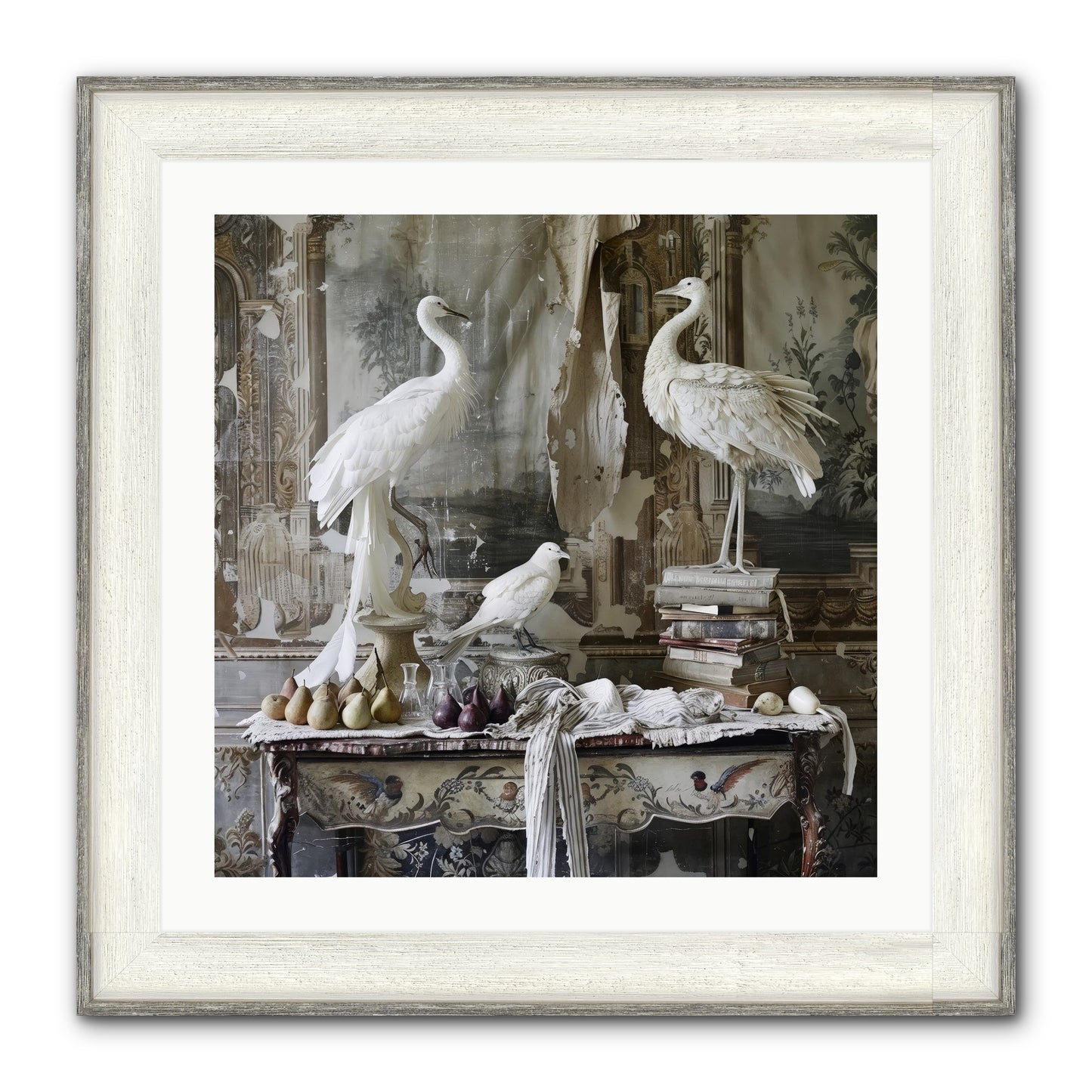 Moonlit Memoirs In The Plumed Chateau Framed Print - Driftwood White 24x24