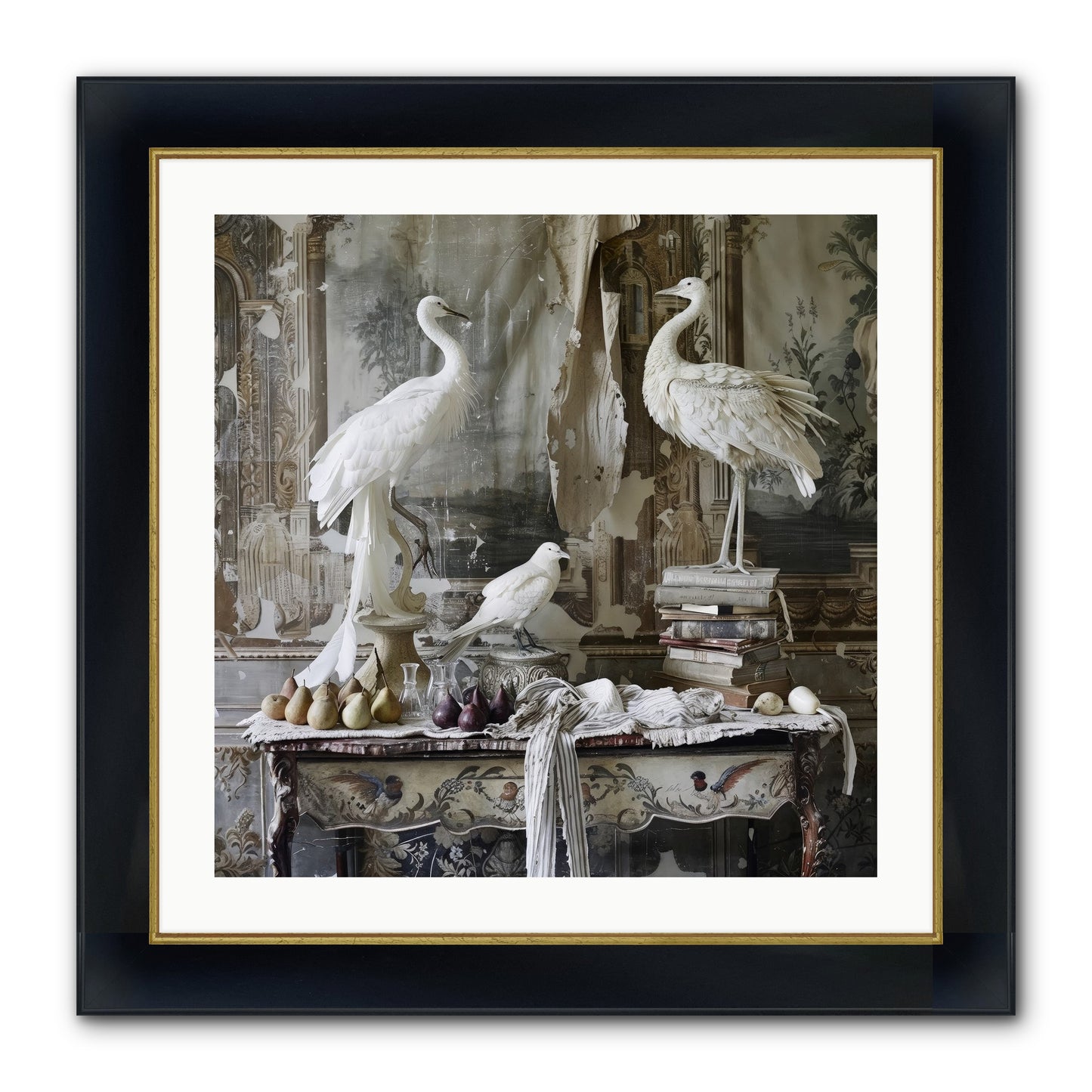 Moonlit Memoirs In The Plumed Chateau Framed Print - Wide Black w/Gold 24x24
