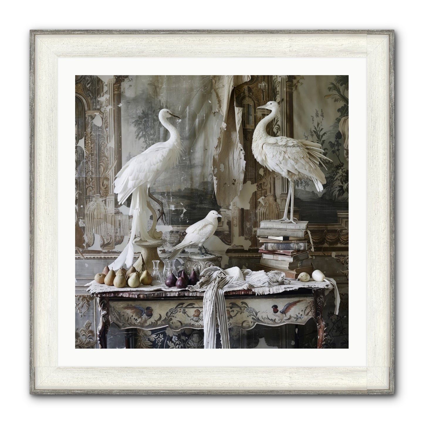 Moonlit Memoirs In The Plumed Chateau Framed Print - Driftwood White 30x30