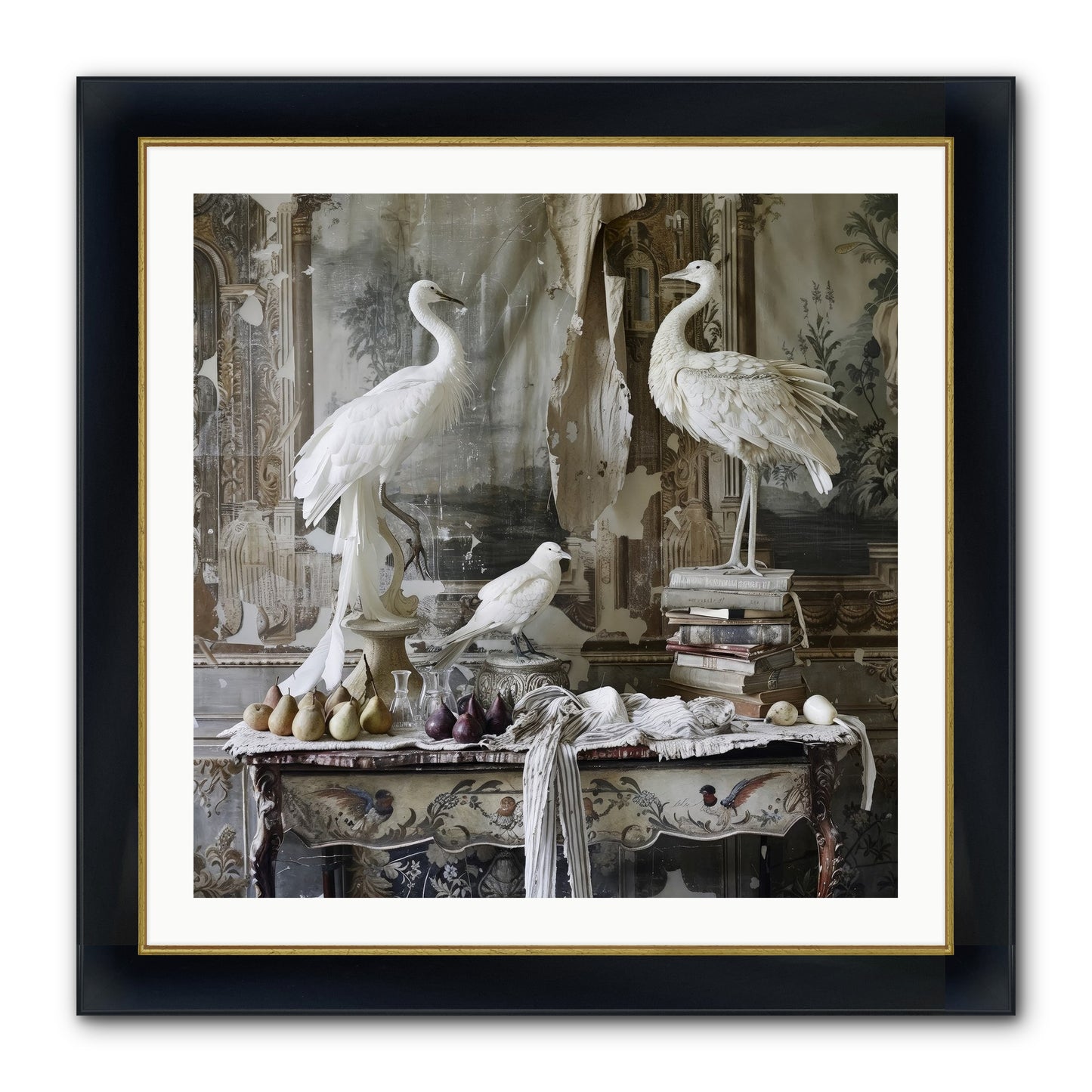 Moonlit Memoirs In The Plumed Chateau Framed Print - Wide Black w/Gold 30x30
