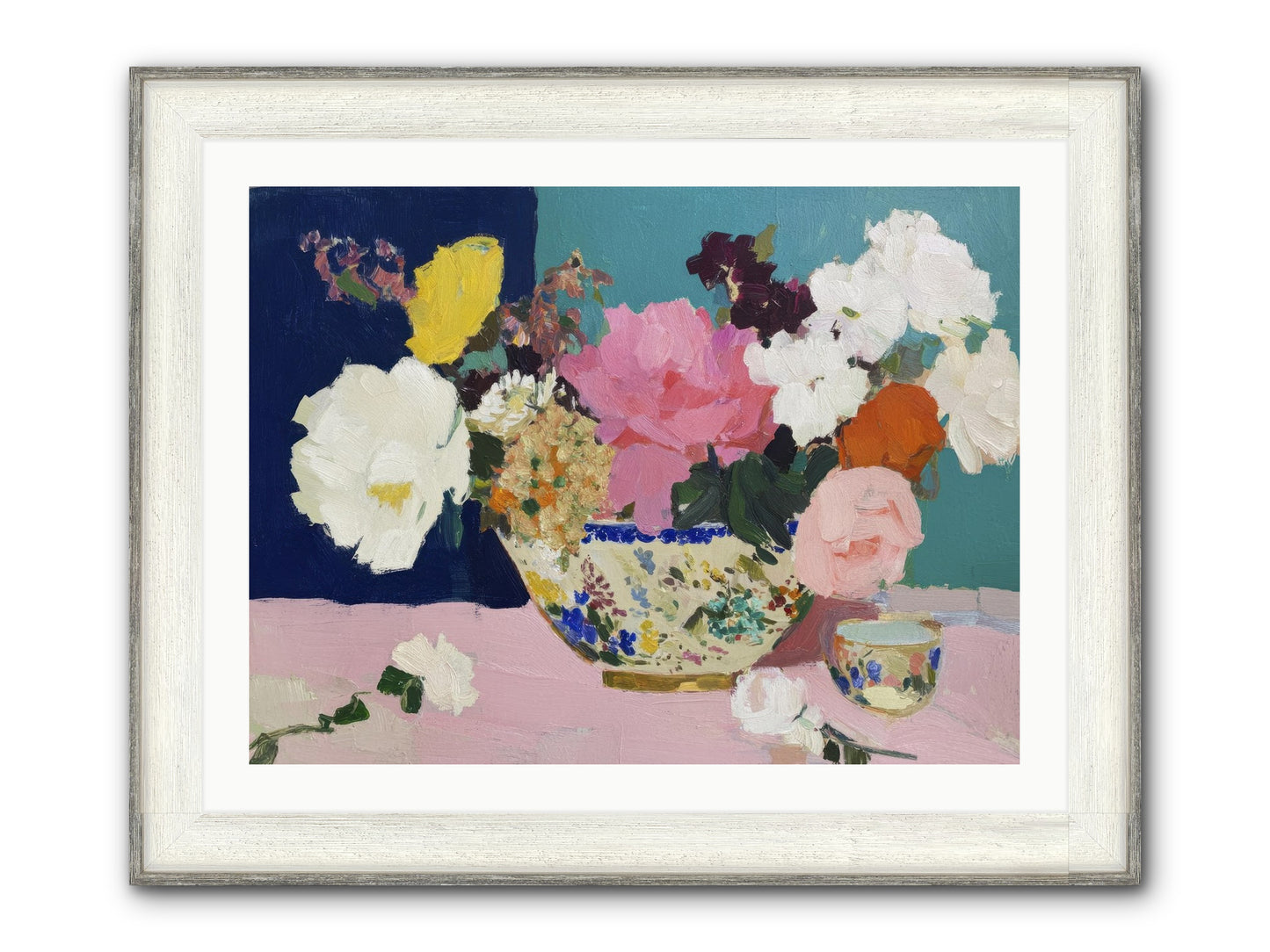 Morning Tea With Flowers Framed Print - Driftwood White 32x24