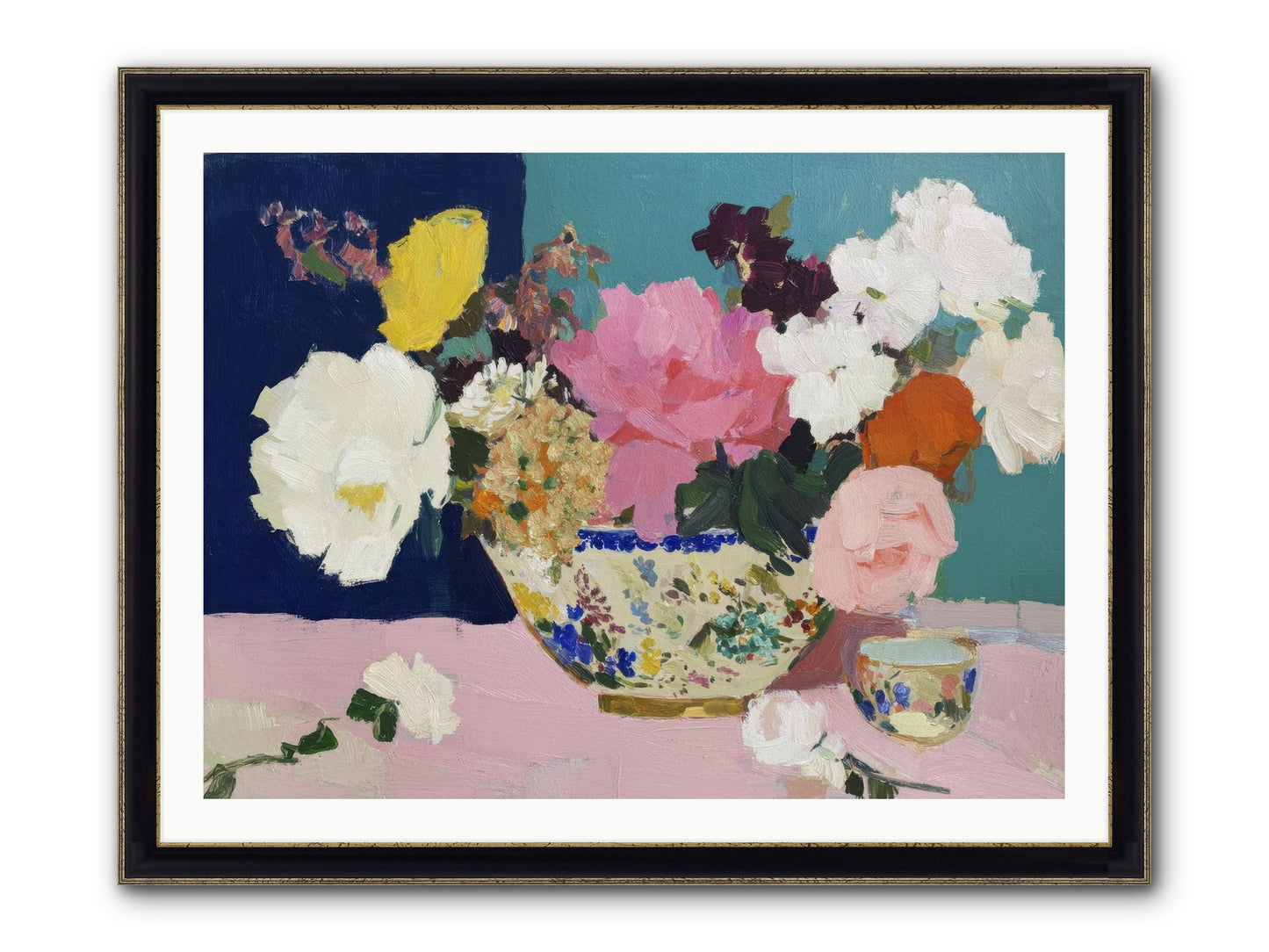Morning Tea With Flowers Framed Print - Black & Gold 40x30
