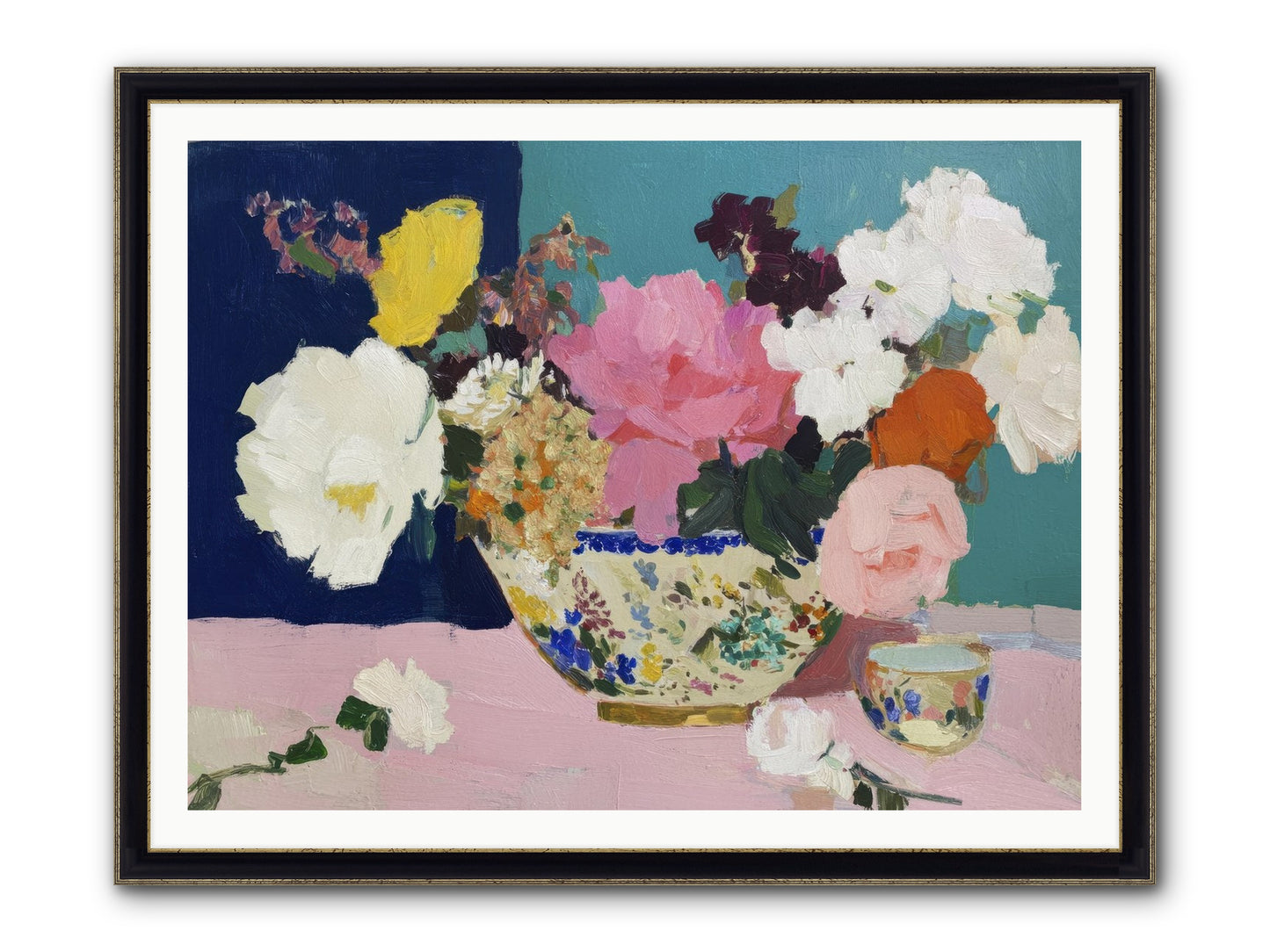 Morning Tea With Flowers Framed Print - Black & Gold 48x36