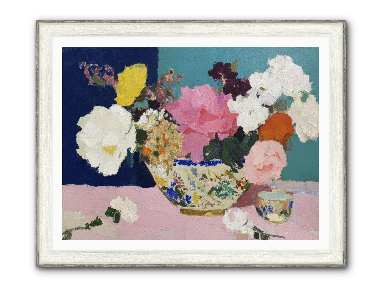 Morning Tea With Flowers Framed Print - Driftwood White 48x36