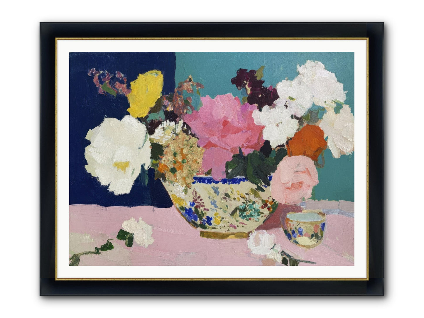 Morning Tea With Flowers Framed Print - Wide Black w/Gold 48x36