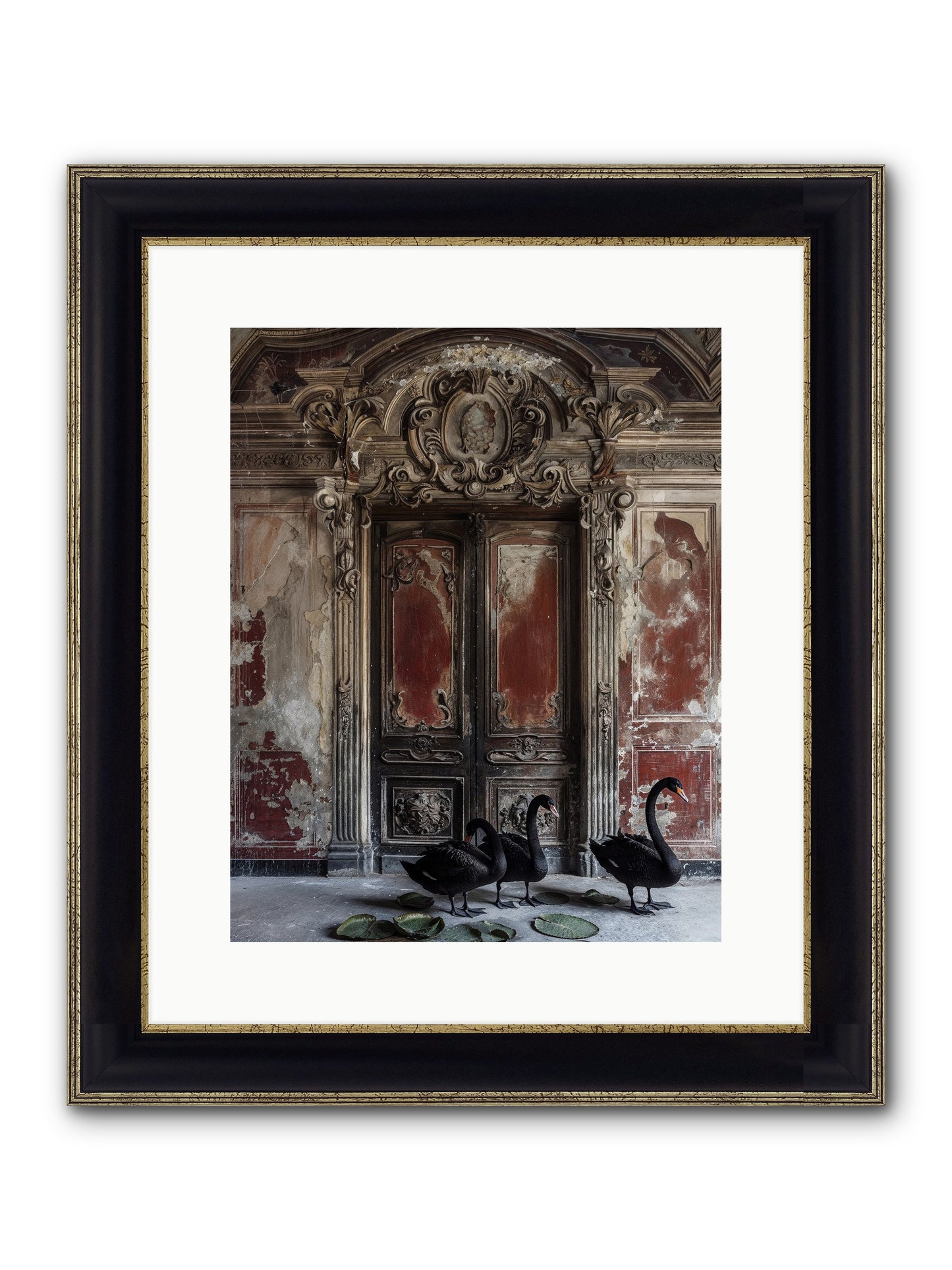 Noir Ballet On Midnight's Lagoon Framed Print - Black & Gold 12x15