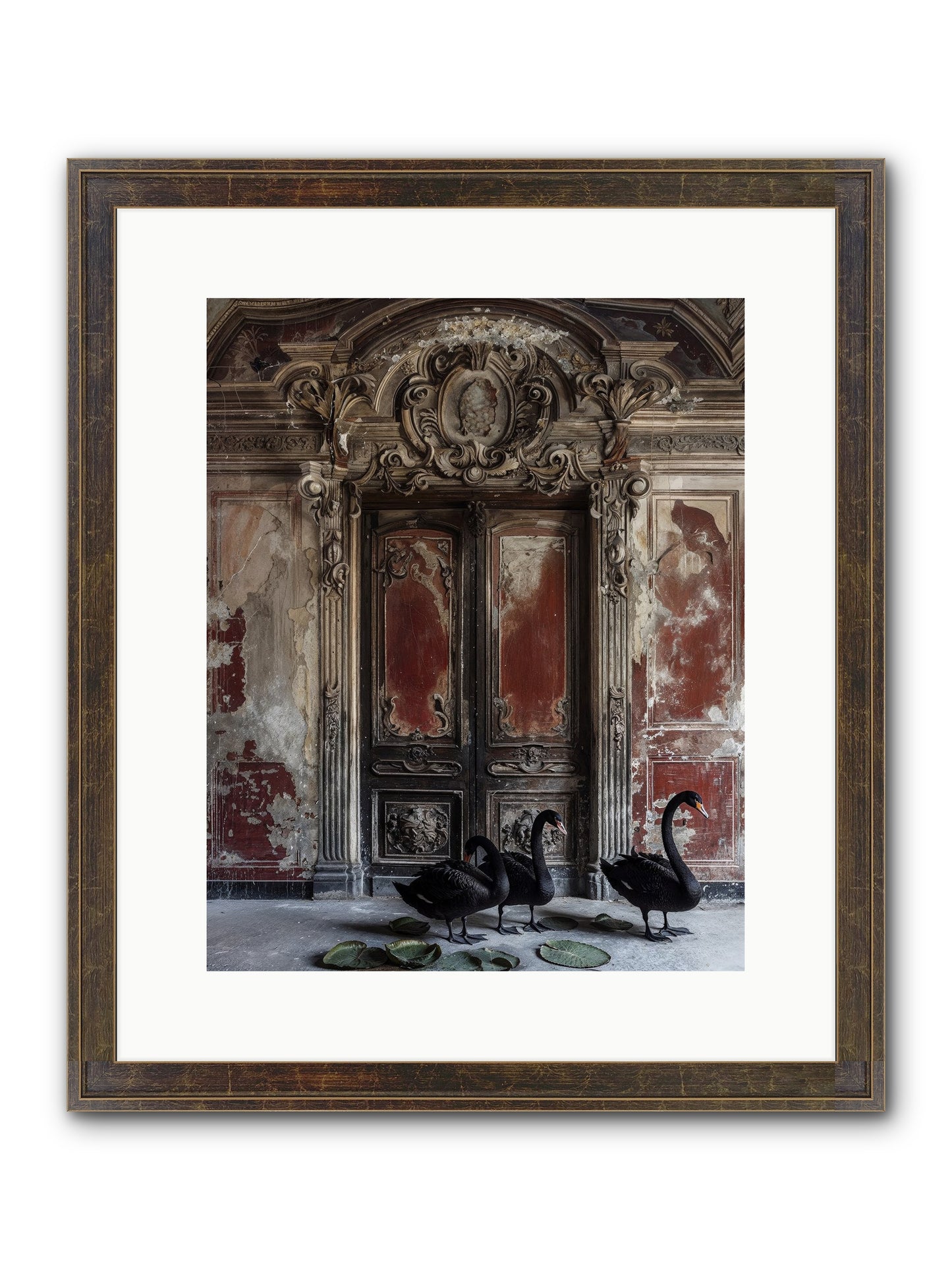 Noir Ballet On Midnight's Lagoon Framed Print - Slimwoods Black/Gold 12x15