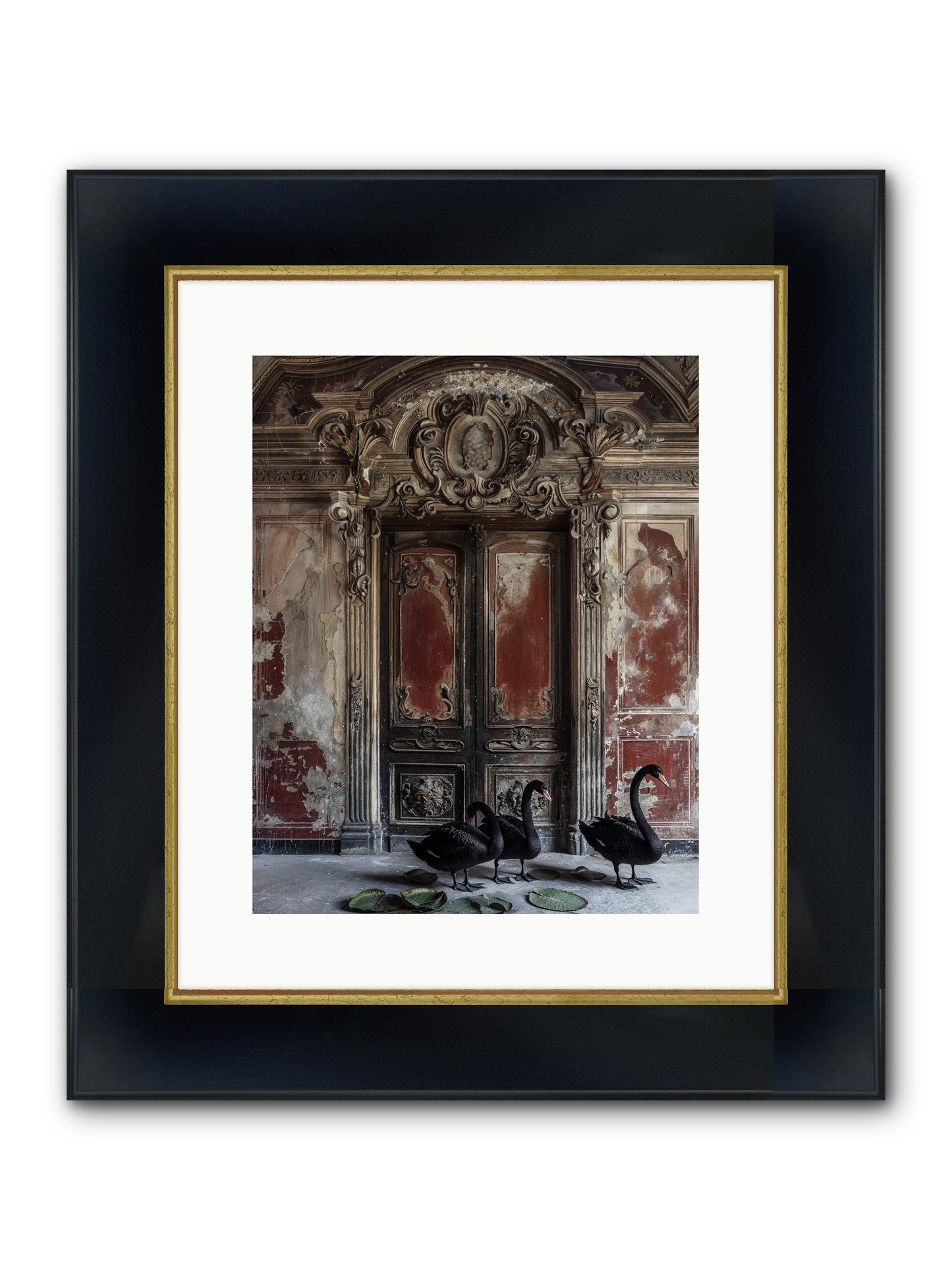 Noir Ballet On Midnight's Lagoon Framed Print - Wide Black w/Gold 12x15