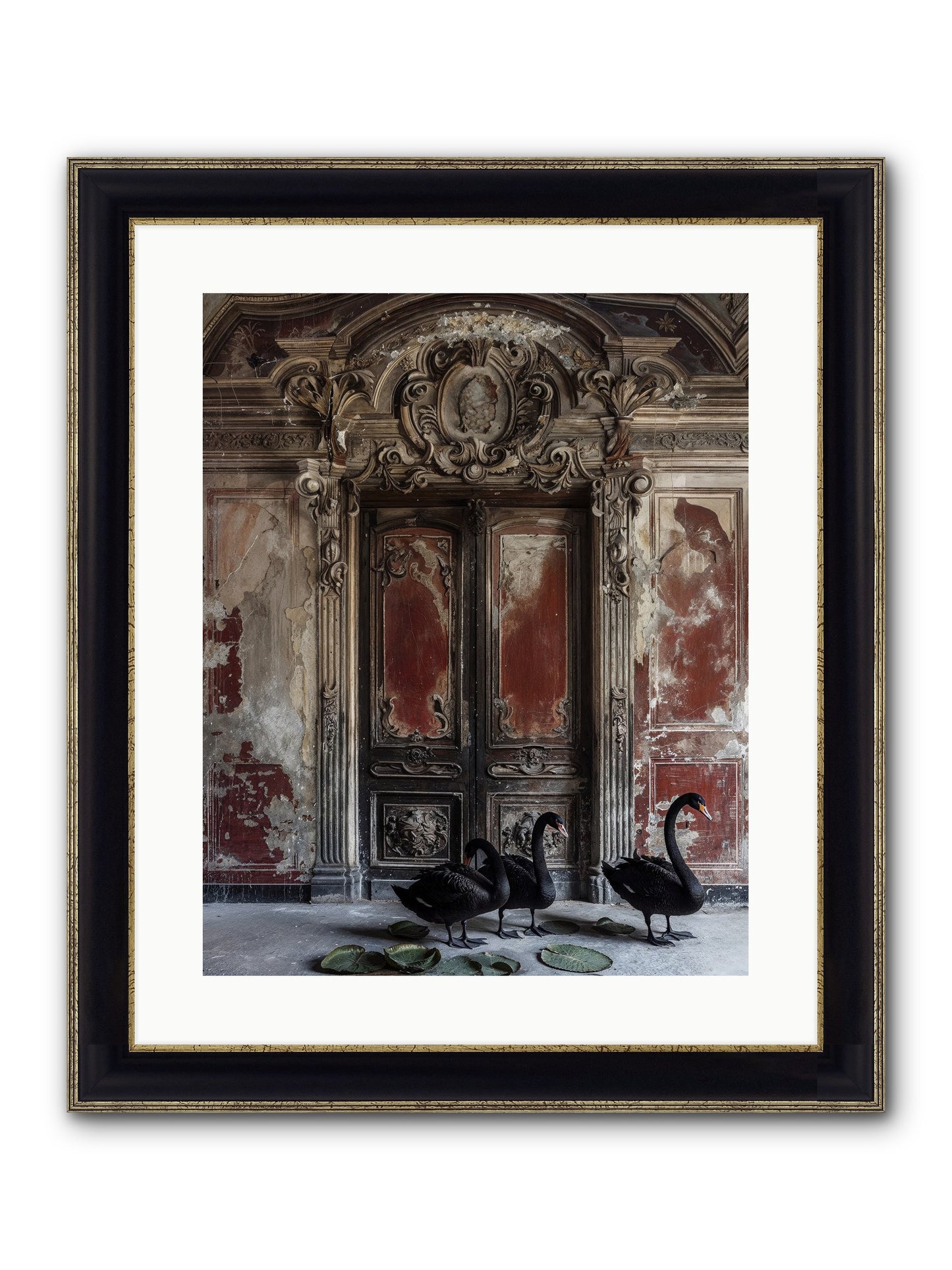 Noir Ballet On Midnight's Lagoon Framed Print - Black & Gold 16x20