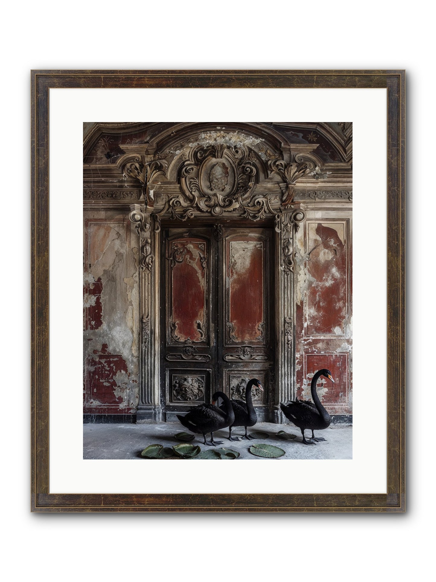 Noir Ballet On Midnight's Lagoon Framed Print - Slimwoods Black/Gold 16x20