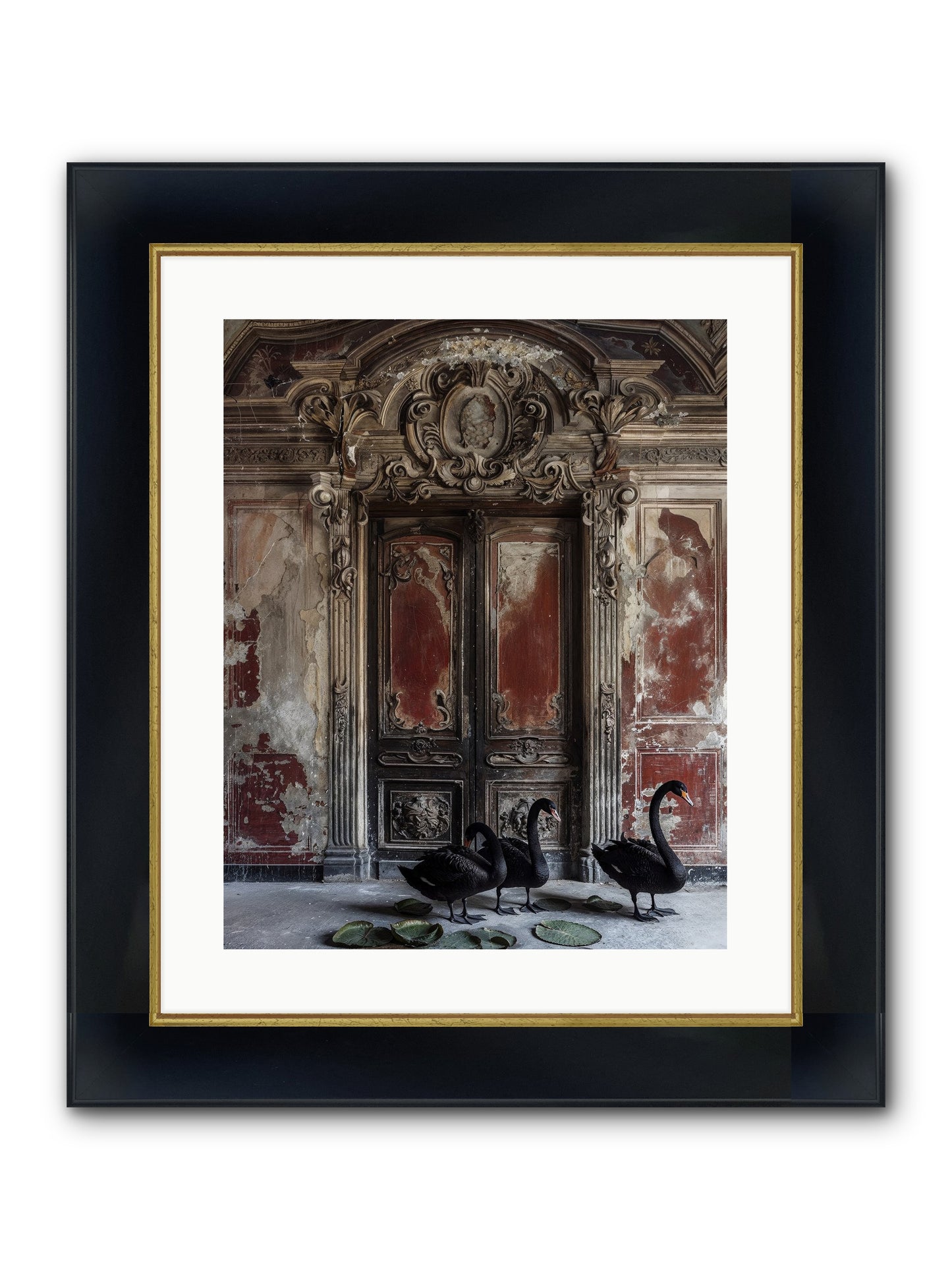 Noir Ballet On Midnight's Lagoon Framed Print - Wide Black w/Gold 16x20