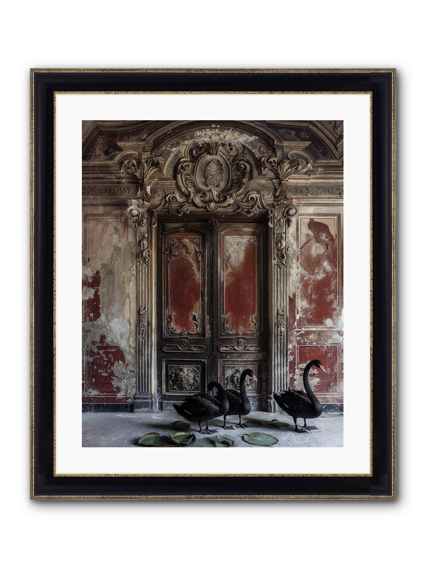 Noir Ballet On Midnight's Lagoon Framed Print - Black & Gold 20x25