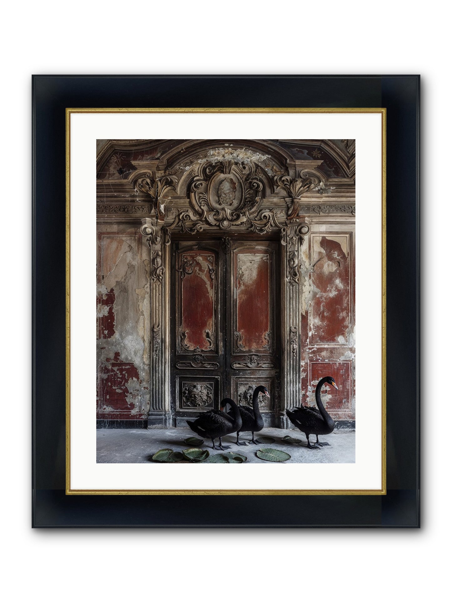 Noir Ballet On Midnight's Lagoon Framed Print - Wide Black w/Gold 20x25