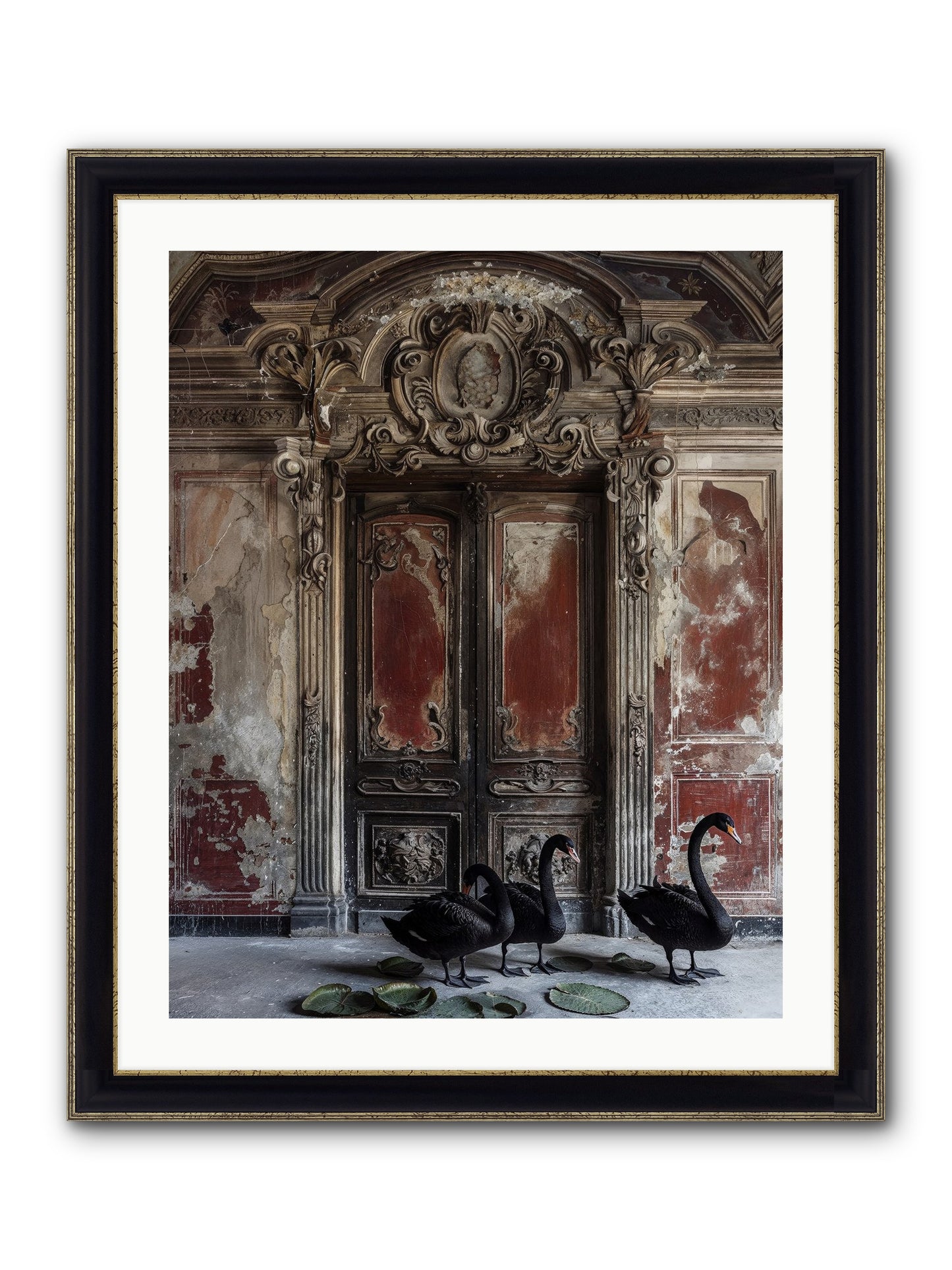 Noir Ballet On Midnight's Lagoon Framed Print - Black & Gold 24x30
