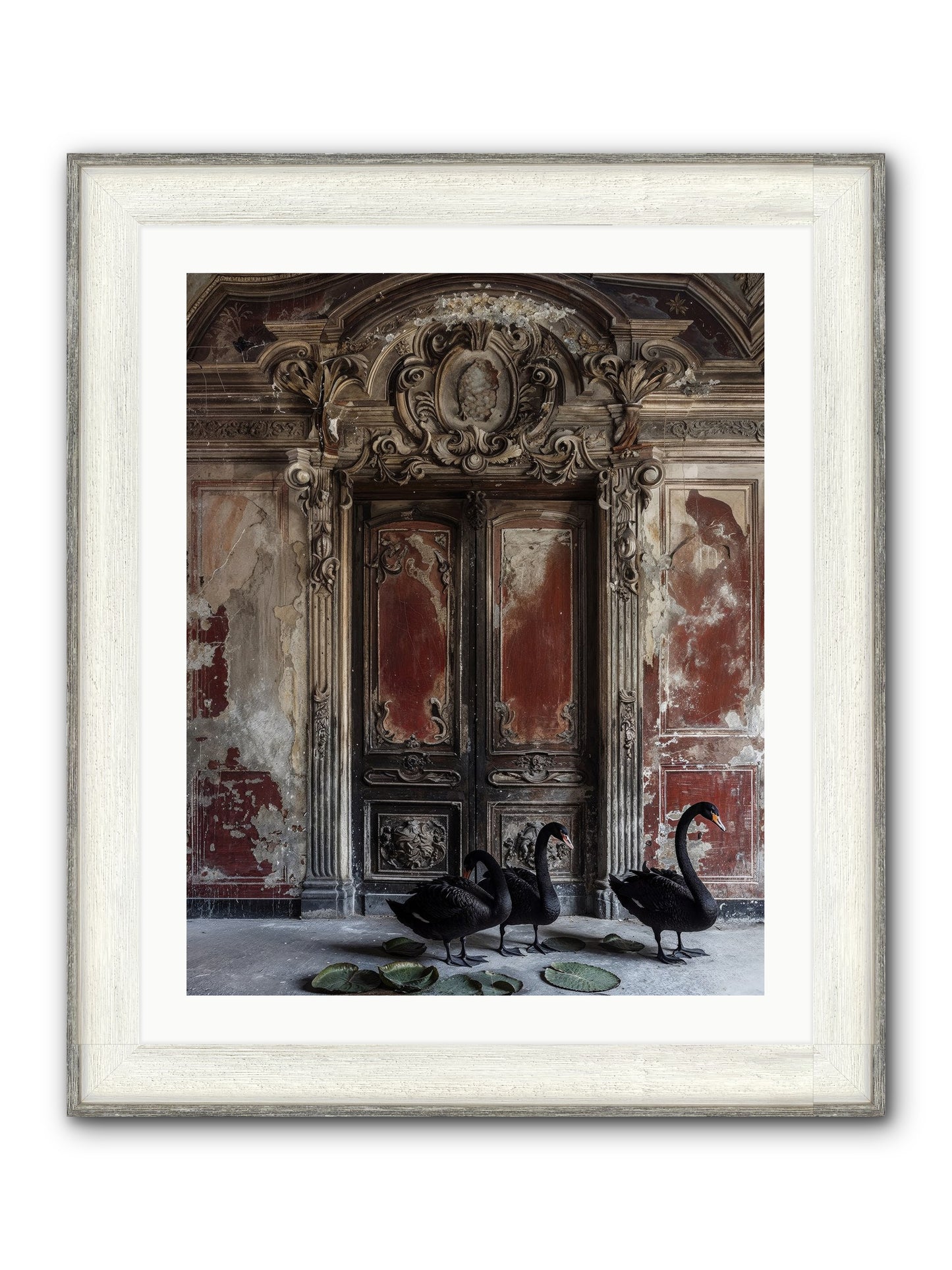 Noir Ballet On Midnight's Lagoon Framed Print - Driftwood White 24x30