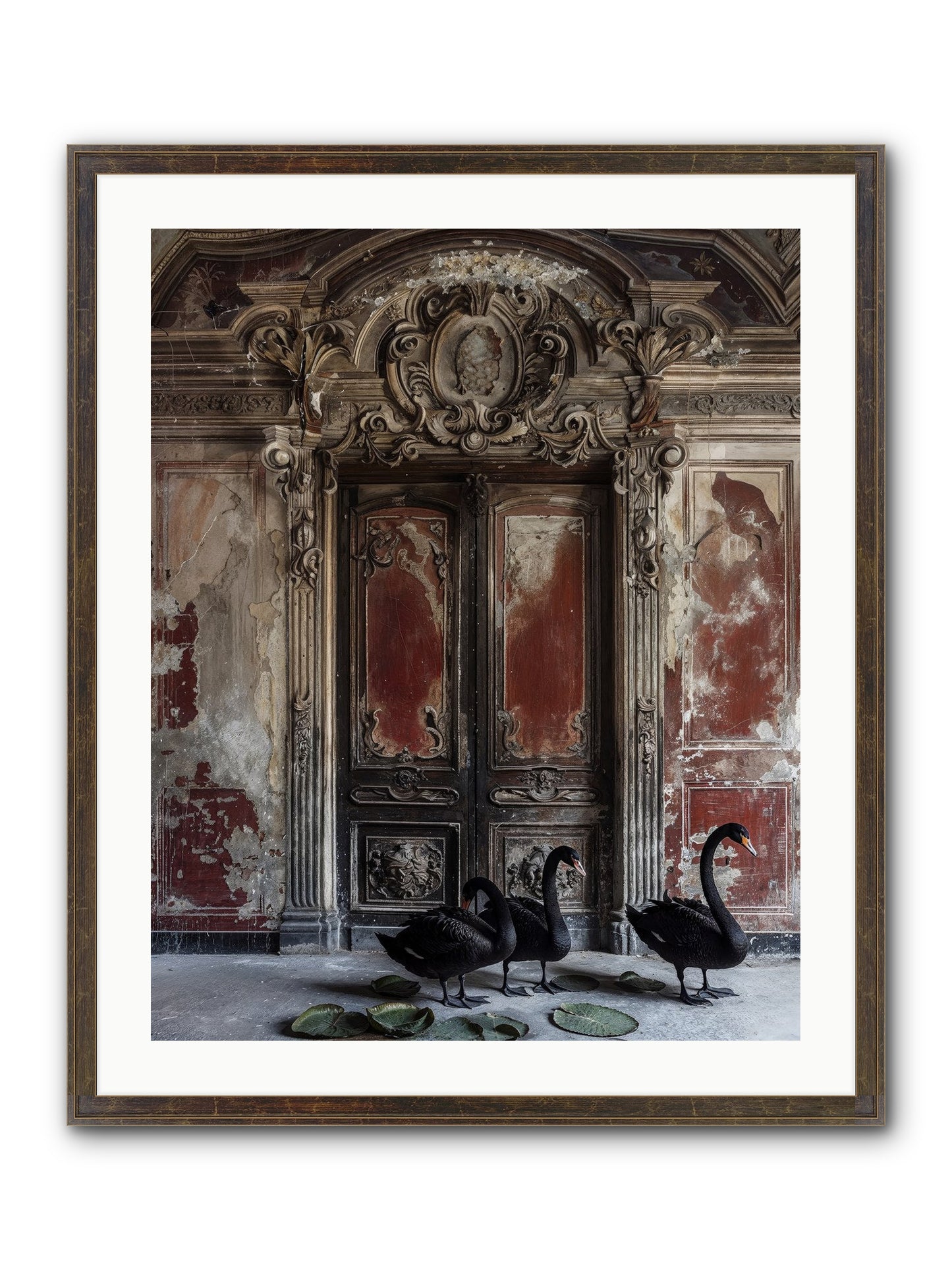 Noir Ballet On Midnight's Lagoon Framed Print - Slimwoods Black/Gold 24x30