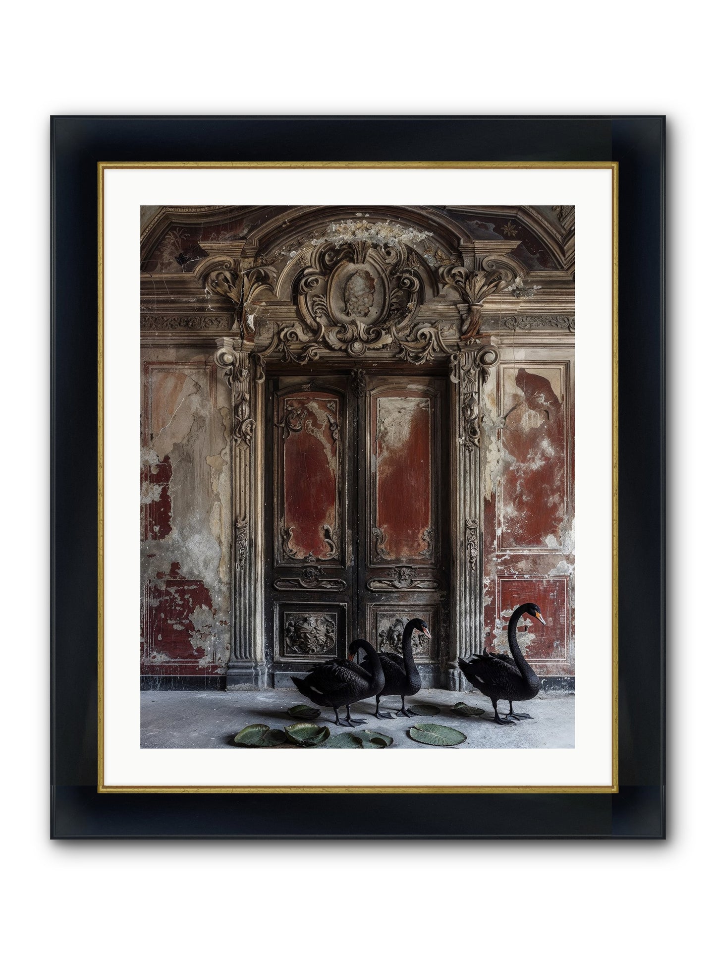 Noir Ballet On Midnight's Lagoon Framed Print - Wide Black w/Gold 24x30