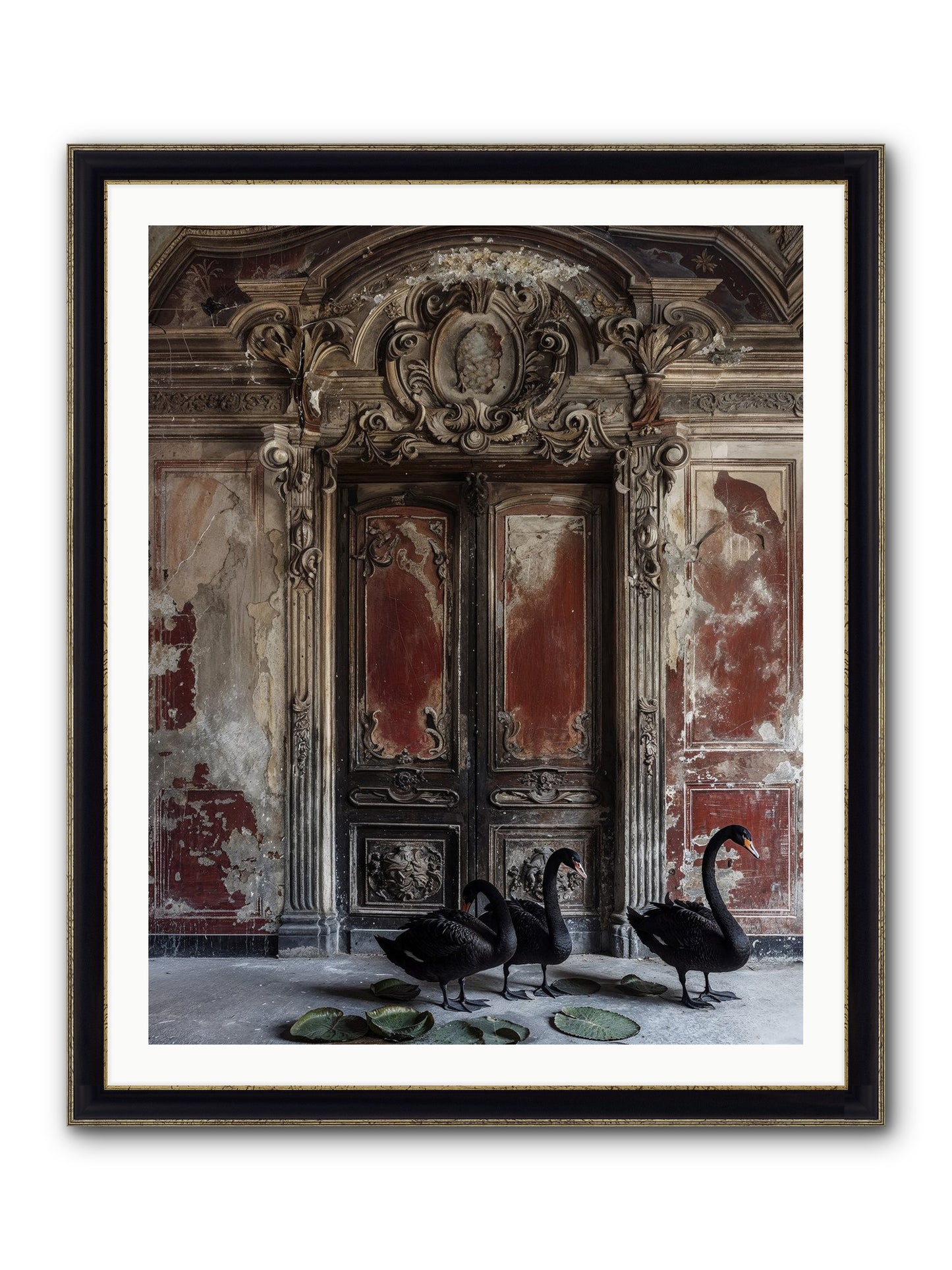 Noir Ballet On Midnight's Lagoon Framed Print - Black & Gold 32x40
