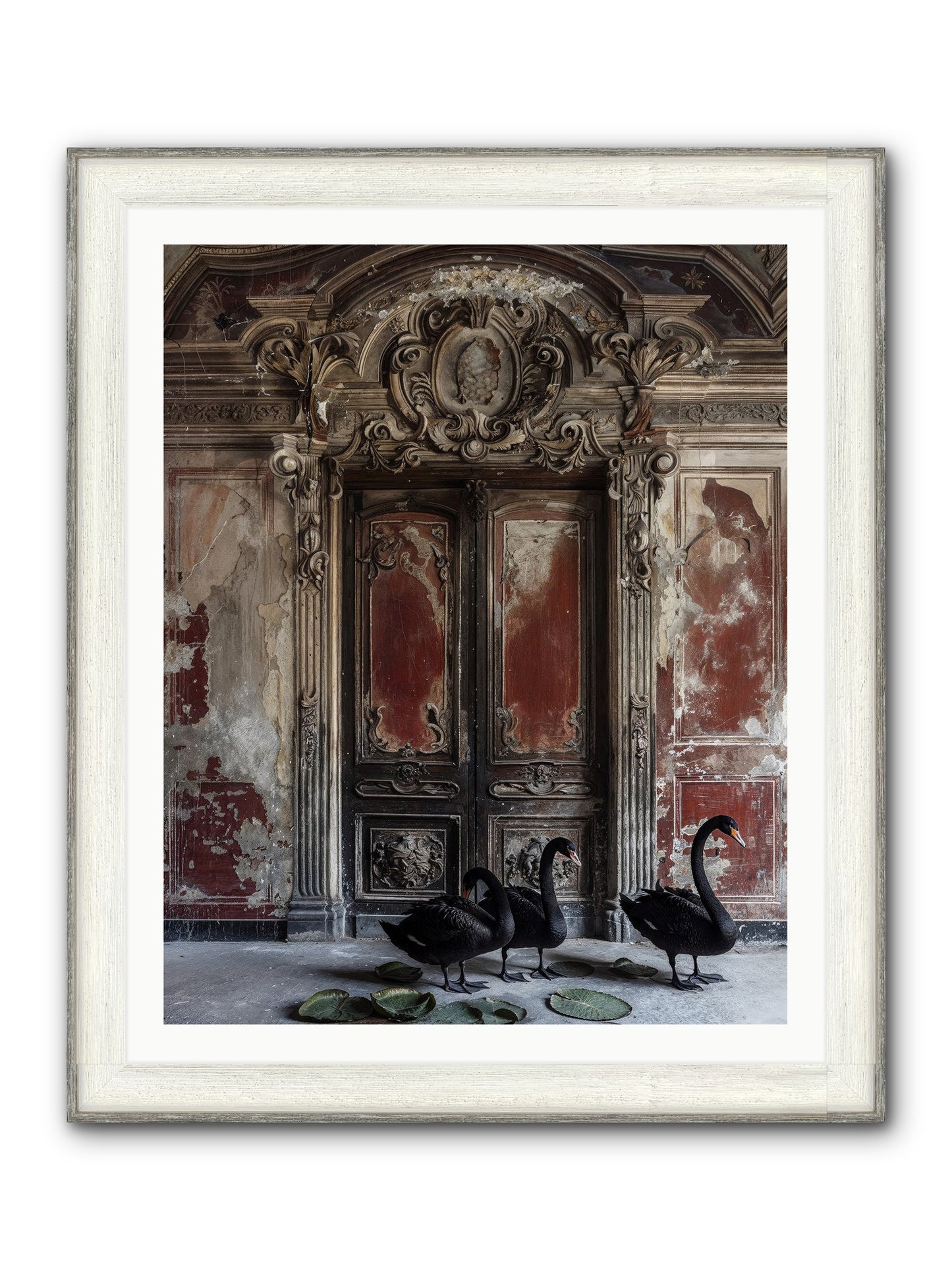 Noir Ballet On Midnight's Lagoon Framed Print - Driftwood White 32x40