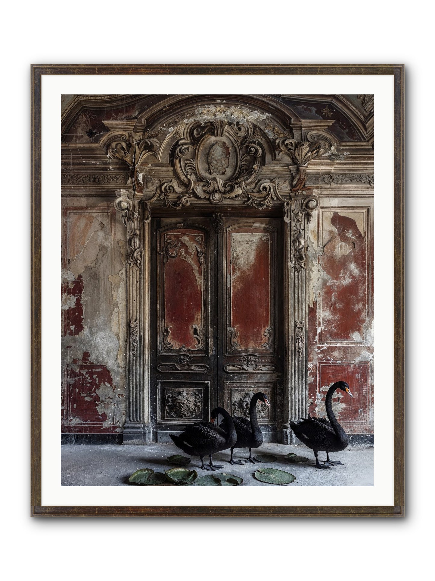 Noir Ballet On Midnight's Lagoon Framed Print - Slimwoods Black/Gold 32x40