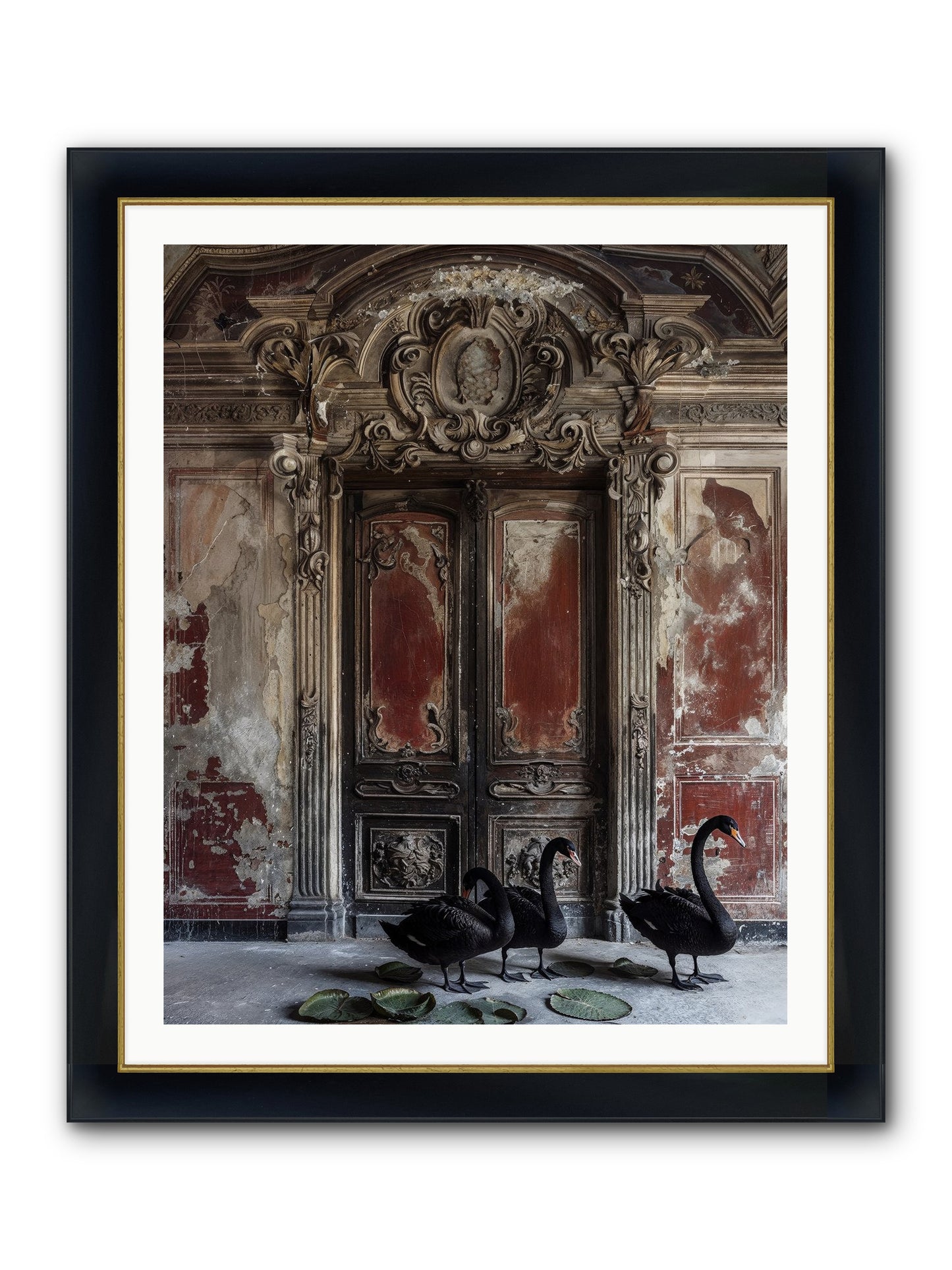 Noir Ballet On Midnight's Lagoon Framed Print - Wide Black w/Gold 32x40