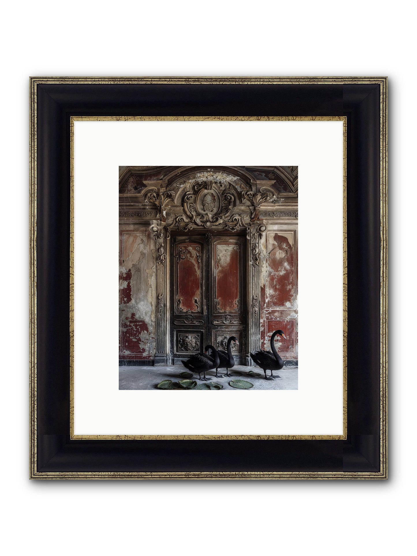Noir Ballet On Midnight's Lagoon Framed Print - Black & Gold 8x10