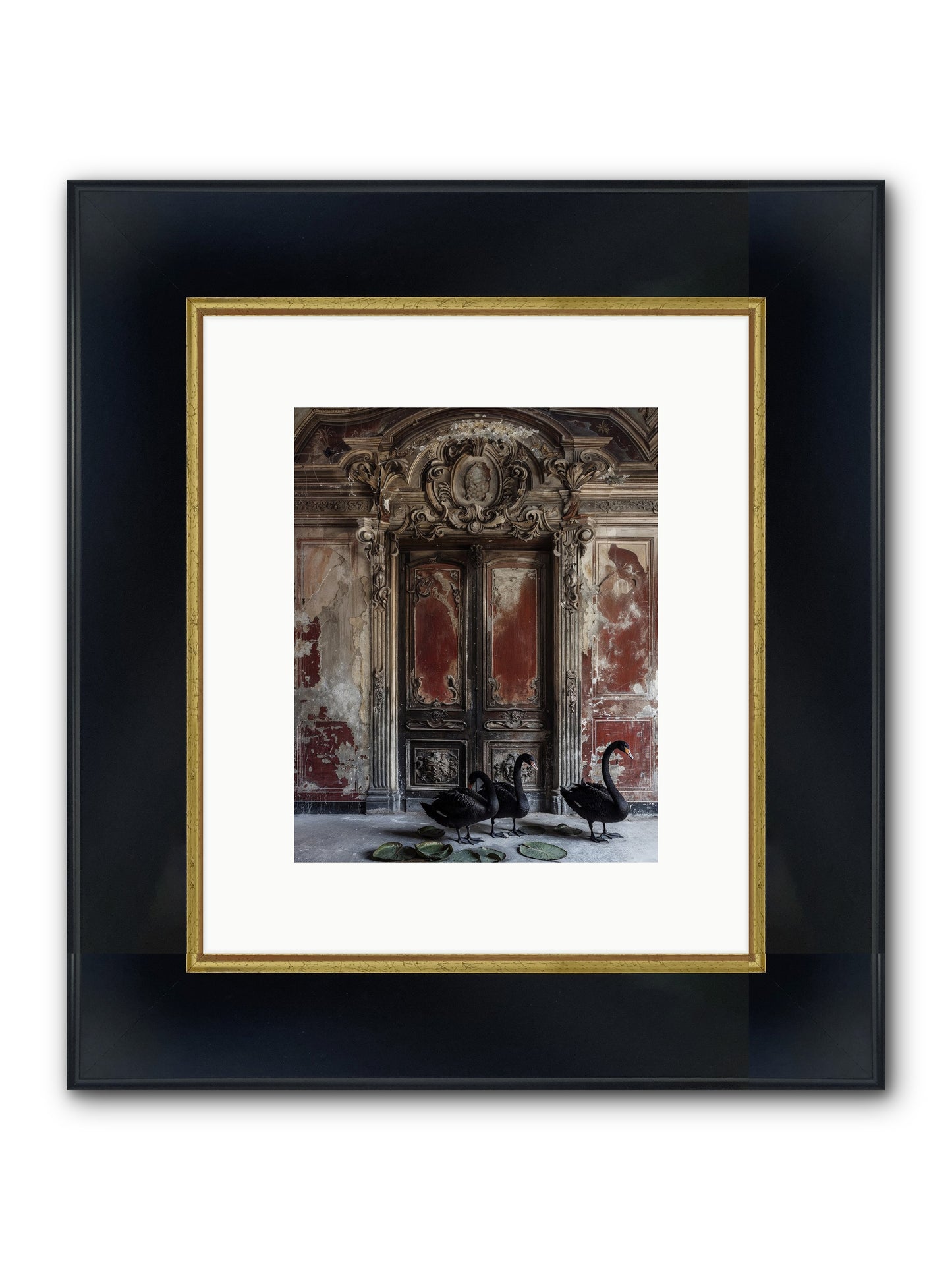 Noir Ballet On Midnight's Lagoon Framed Print - Wide Black w/Gold 8x10