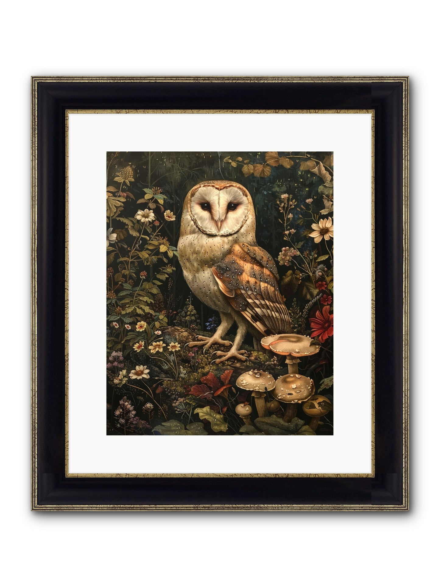 Owl's Vigil Framed Print - Black & Gold 12x15
