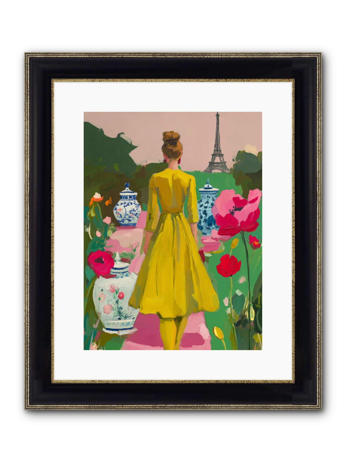 Paris In Pink Light Framed Print - Black & Gold 12x16