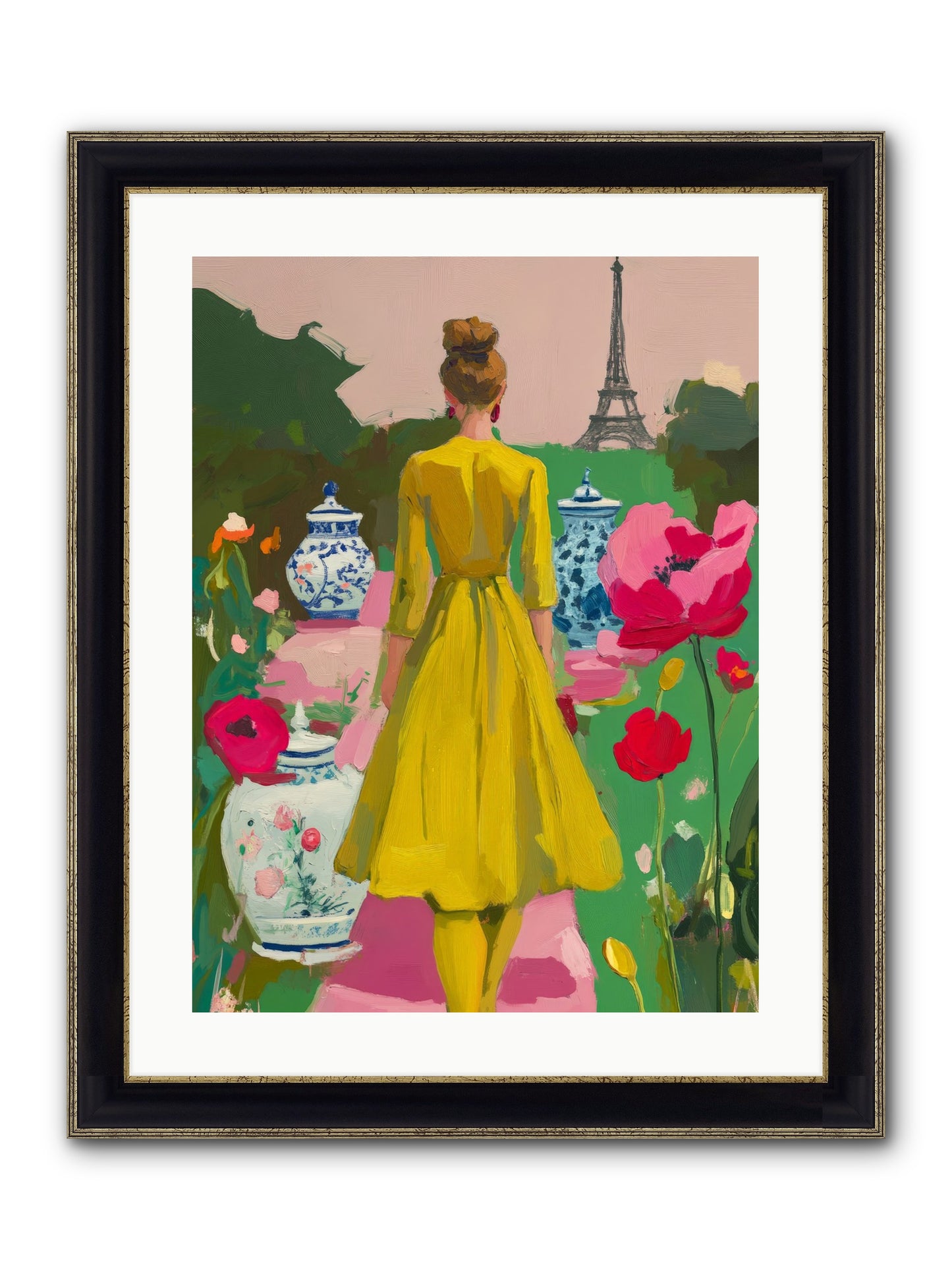 Paris In Pink Light Framed Print - Black & Gold 18x24